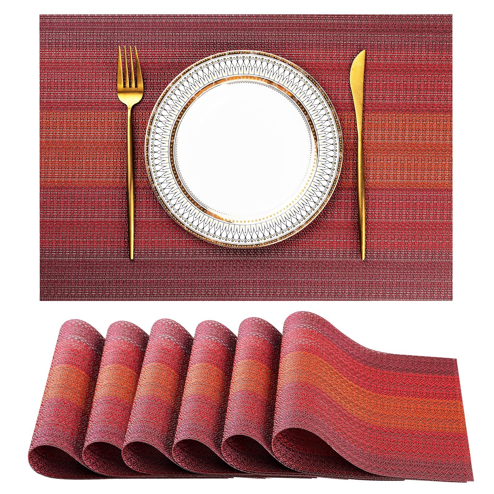 Placemats Set of 6 Washable Indoor/Outdoor Vinyl Place Mats for Dining Table PVC Weave Table Mats(Red Gradient)