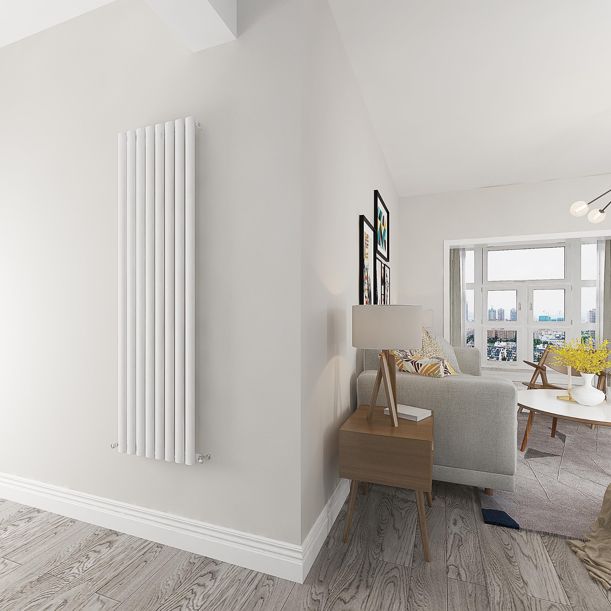 Skybathroom | 1600x472mm Vertical White Oval Single Slim Panel Tall Upright Central Heating Radiator