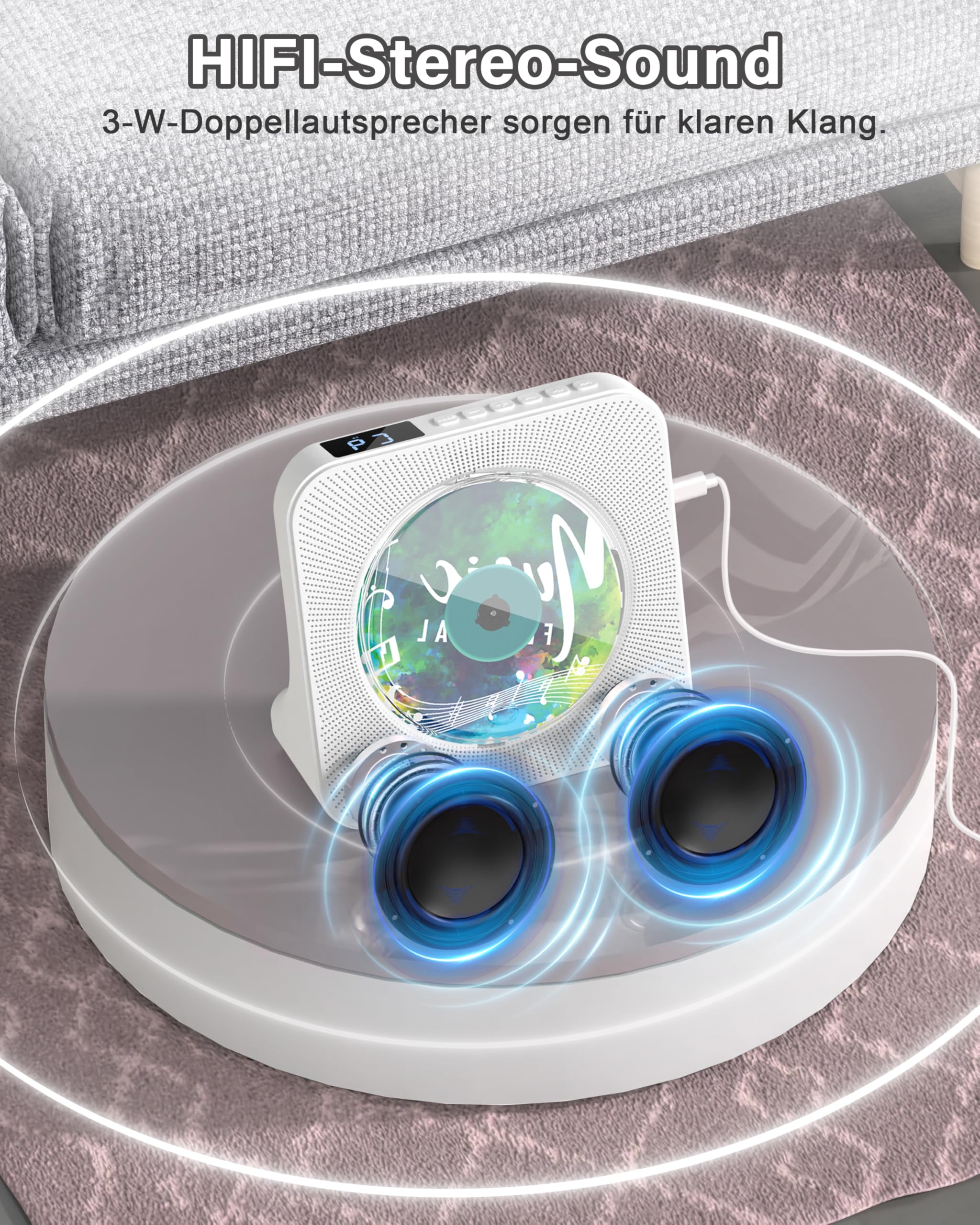 Greadio CD-Player Tragbar mit Bluetooth 5.0,CD-Musik-mit Fernbedienung,HiFi-Sound-Lautsprecher,Staubschutz,LED-Bildschirm,FM-Radio,unterstützt AUX/USB,Kopfhörerbuchse für Geschenk,Zuhause (Weiß)
