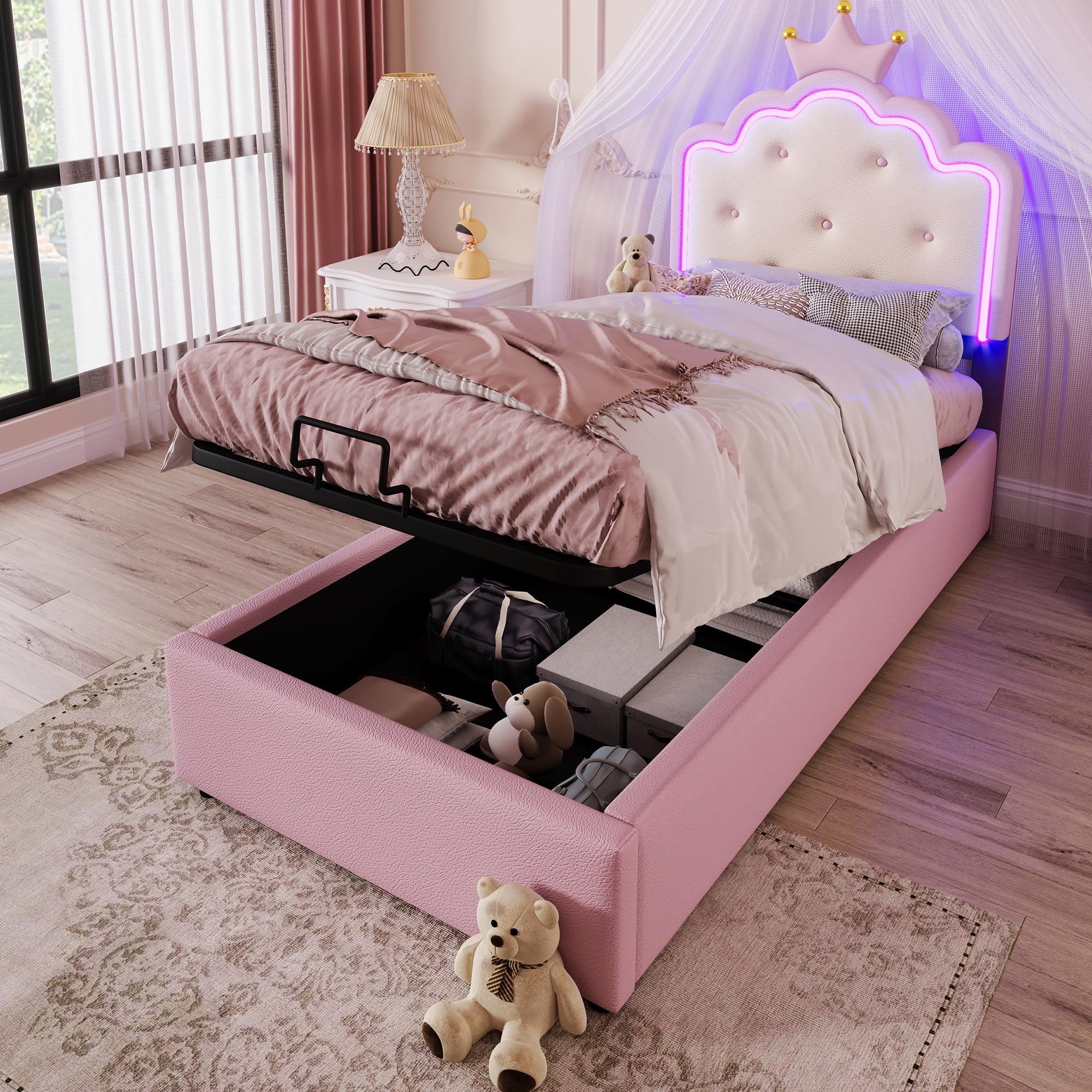 Merax Kinderbett 90x200, Polsterbett für Mädchen Kronen-Einzelbett mit LED-Streifen, Hydraulischer Stauraum, aus PU-Leder Bettrahmen mit Lattenrost(ohne Matratze), Rosa