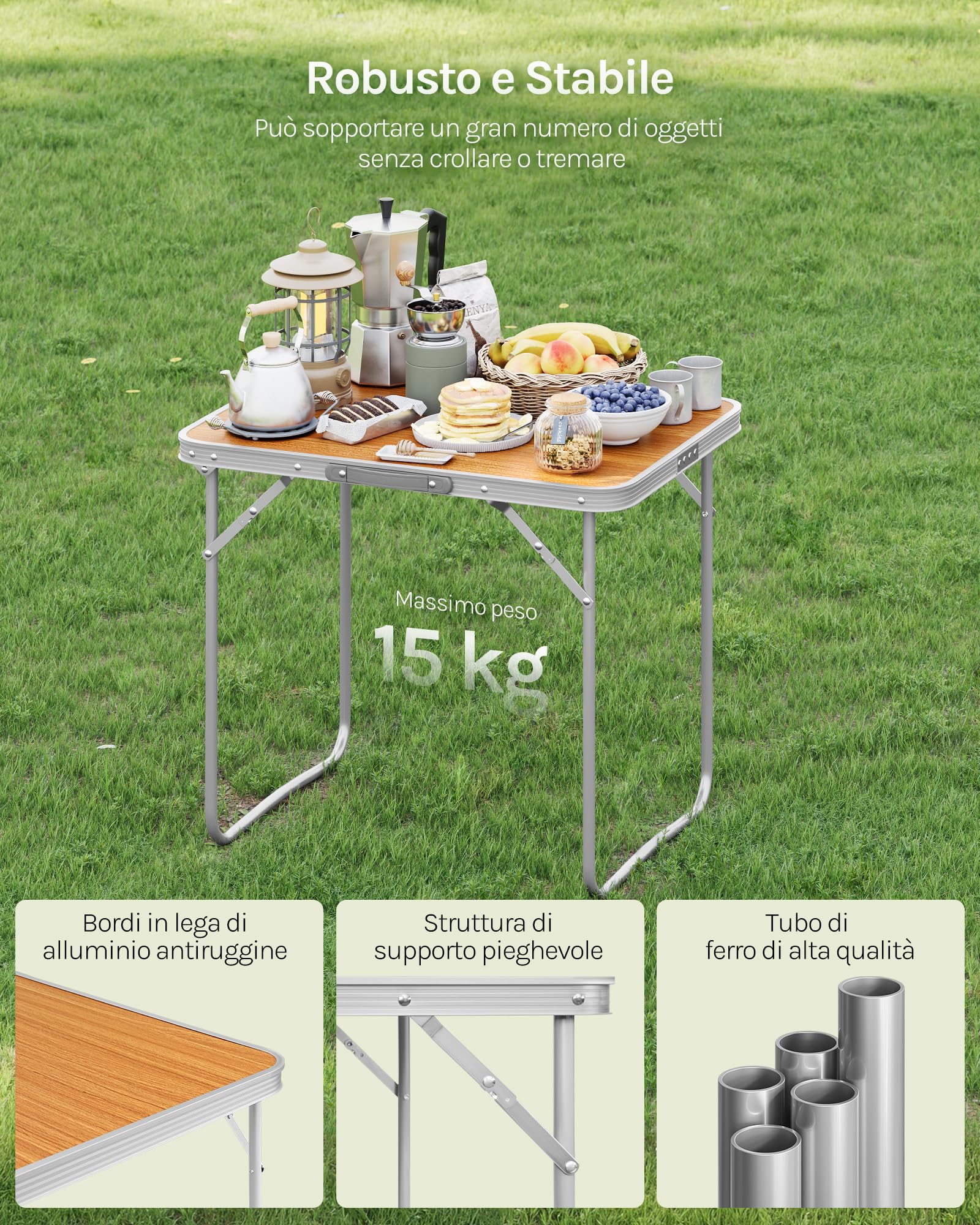 Tavolo Da Giardino Pieghevole OHMG - 60x60x52 Cm, Metallo Con Finitura Legno - Foto 12