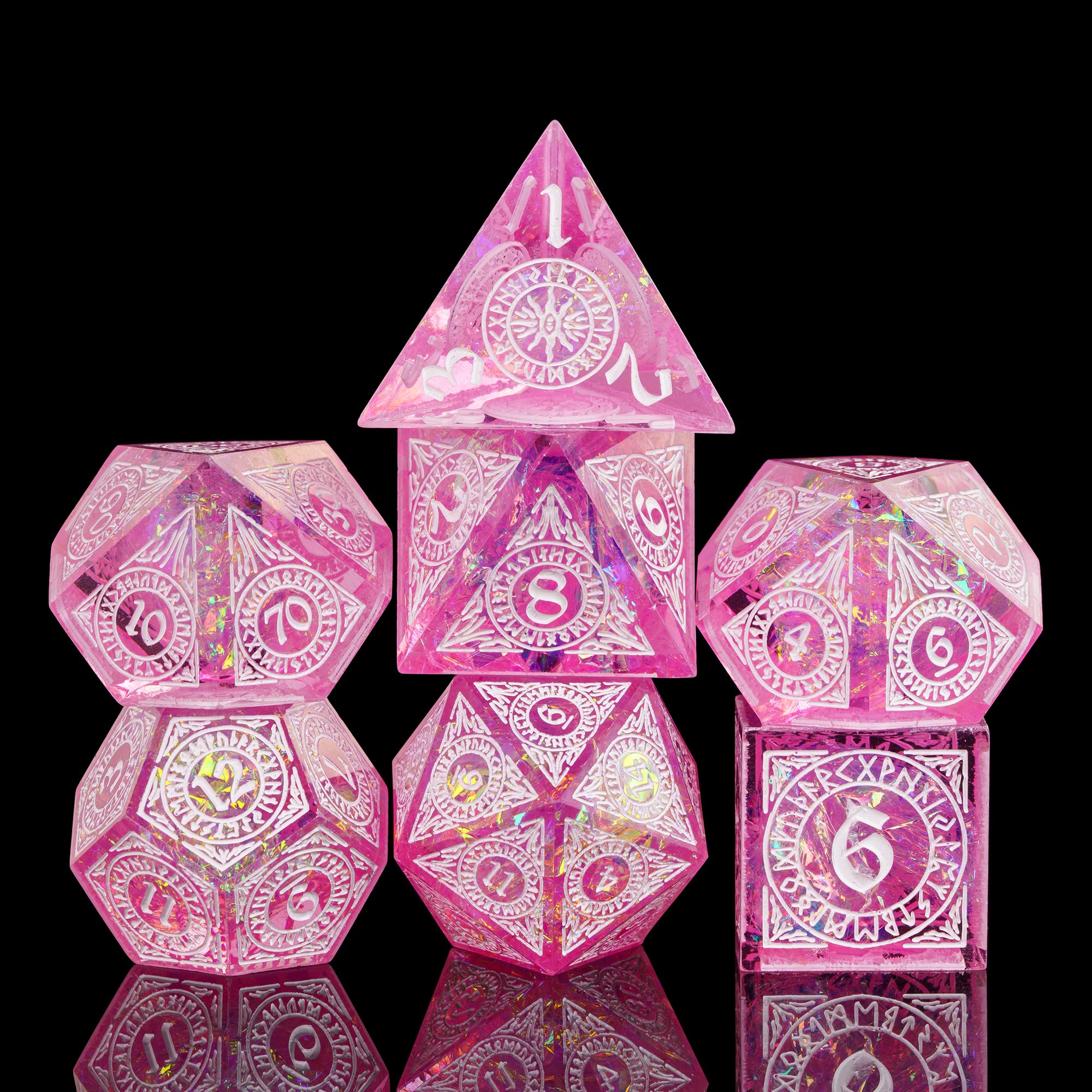 Cusdie 7-Piece Polyhedral DND Dice Set with Sharp Edges, Handcrafted Dice Featuring Rune-Inspired Designs for Role Playing Games (Pink) — image 1