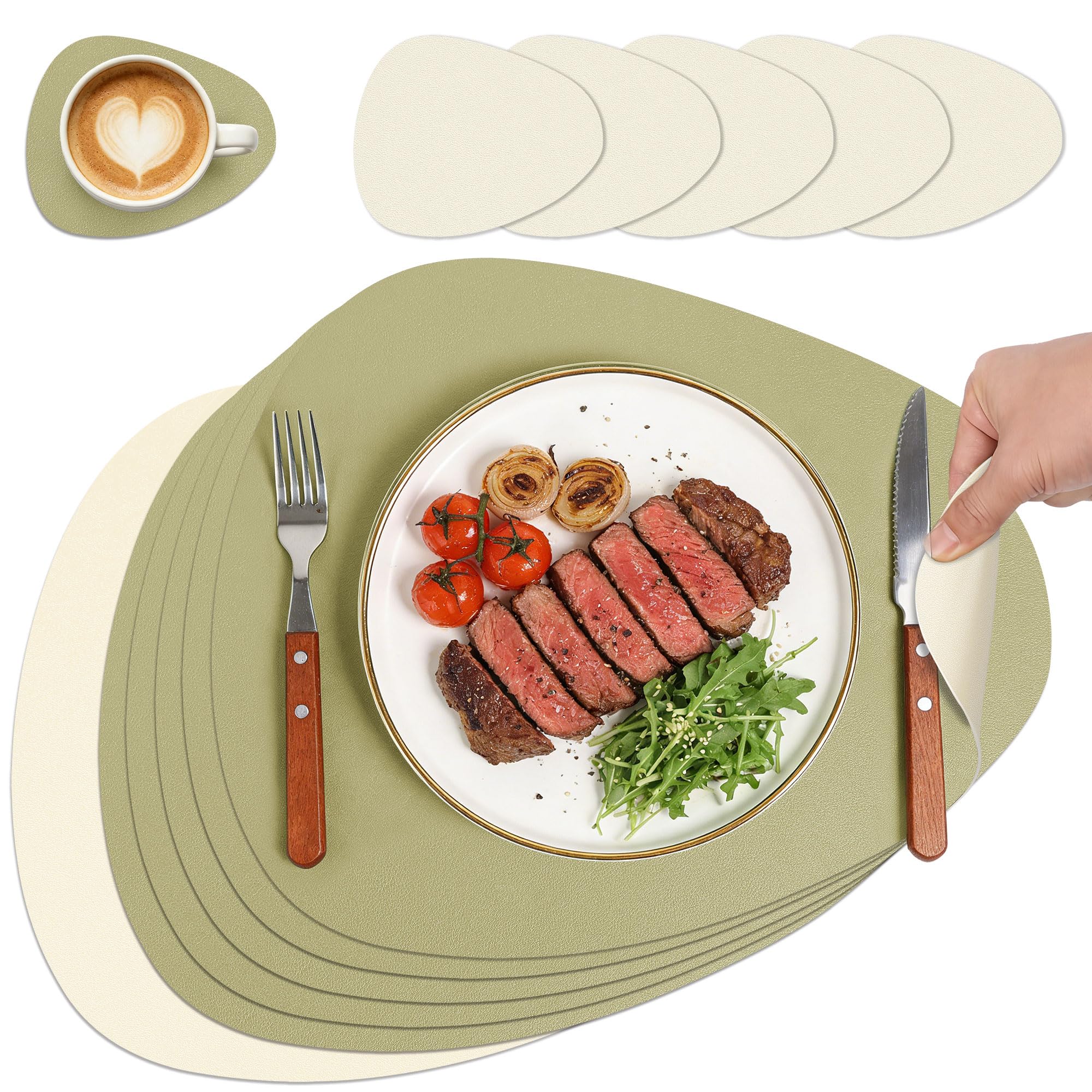 HELI MIAO Tischsets Abwaschbar,Platzsets Abwischbar, Leder,Hitzebeständig Doppelseitigen I 6er Set Platzdeckchen Lederoptik mit Untersetzer,Tischuntersetzer rutschfest,Salbeigrün