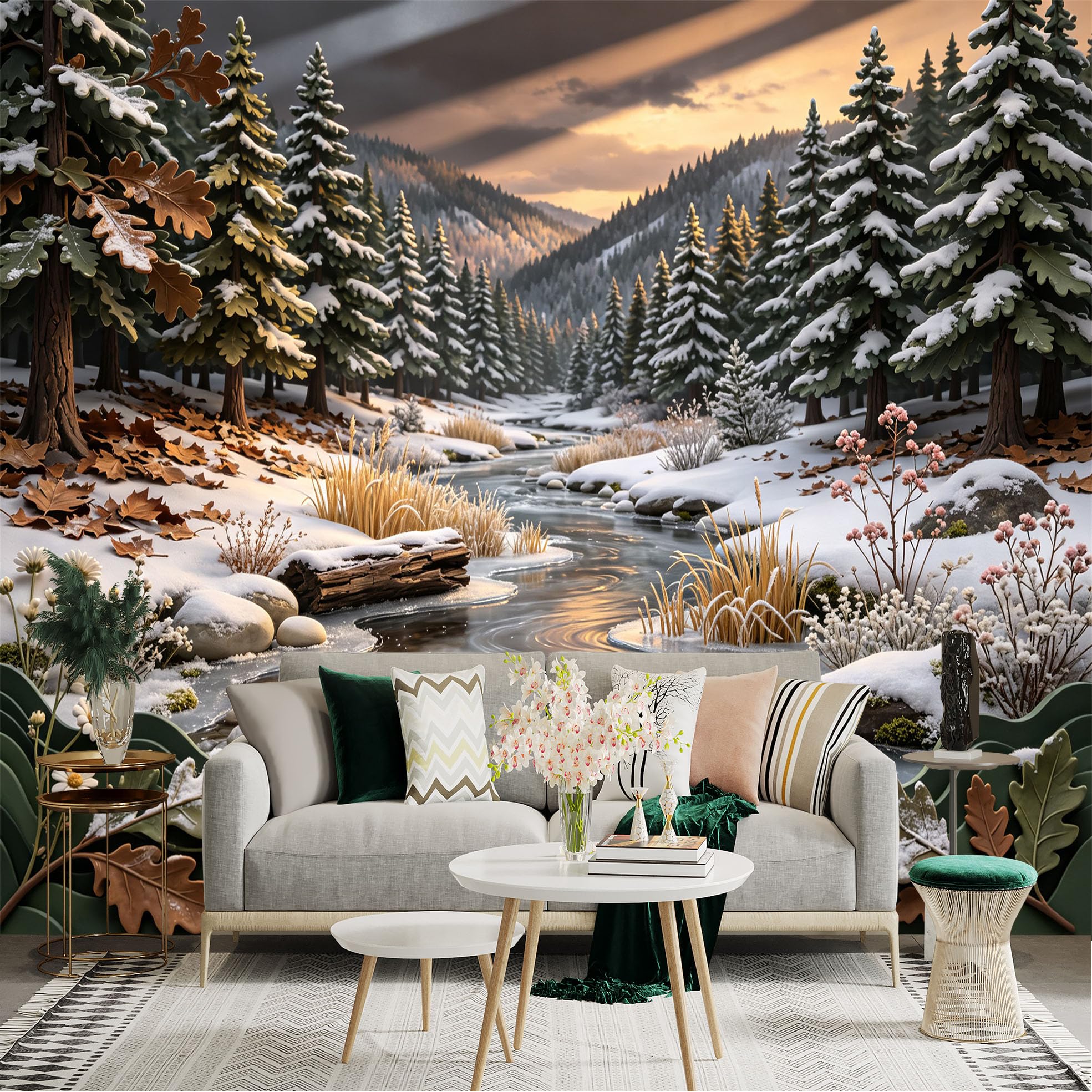 Lnzczhyre Bh260719124 Custom Size Wall Sticker Mural， Snowy Forest Creek， Winter Landscape At Sunset， Serene Nature Scenery， For Wall Decoration， Peelandstick Wall Decals.