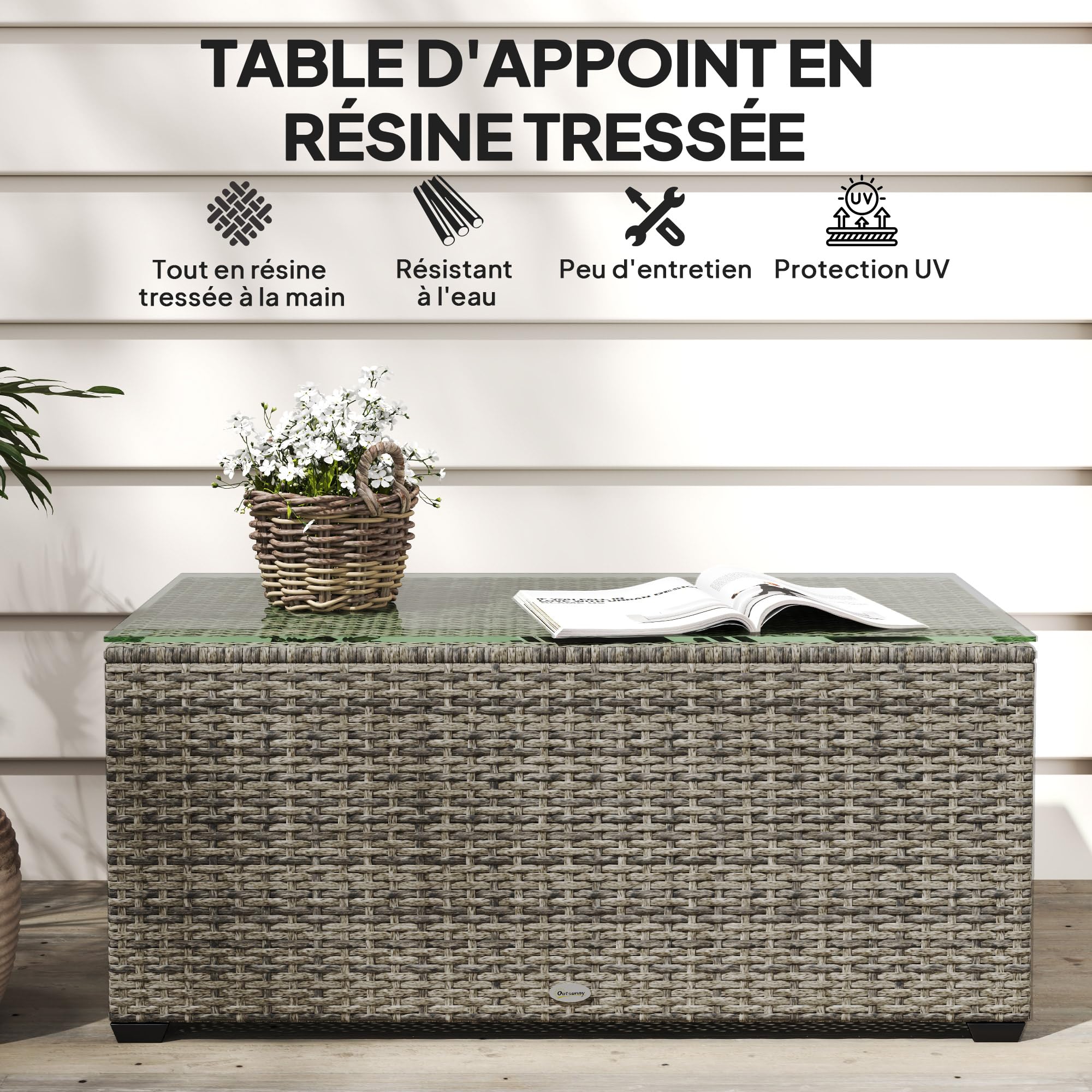 Outsunny Table Basse de Jardin, Table d'appoint en résine tressée Aspect rotin, Plateau en Verre trempé, Cadre en Acier, 90 x 50 x 38 cm, Gris foncé