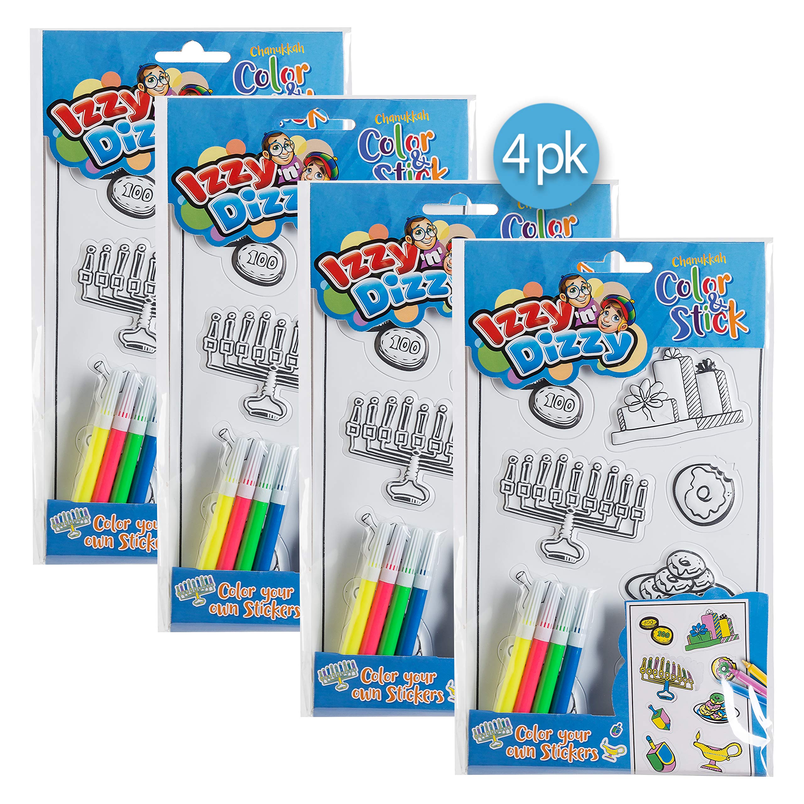 Izzy ānā Dizzy Hanukkah Color and Stick - 4 Pack - Color Your Own Stickers - Includes 4 Markers - Hanukah Arts and Crafts - Gifts and Games