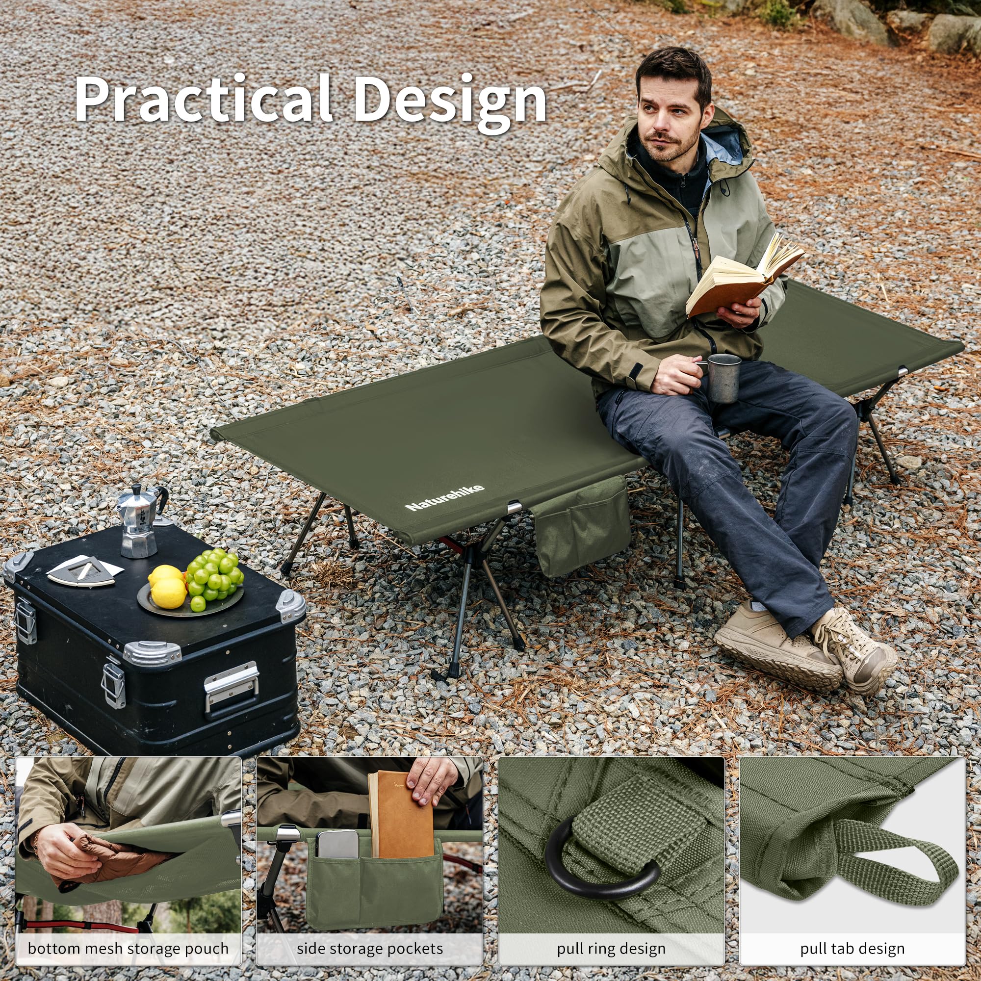 Naturehike Campingbett klappbar 190×70 cm tragbar Feldbett faltbar leicht Klappbett Campingliege bis 150kg Reisebett für Wandern Home Zelt Outdoor Büro Garten(Grün Upgrade)