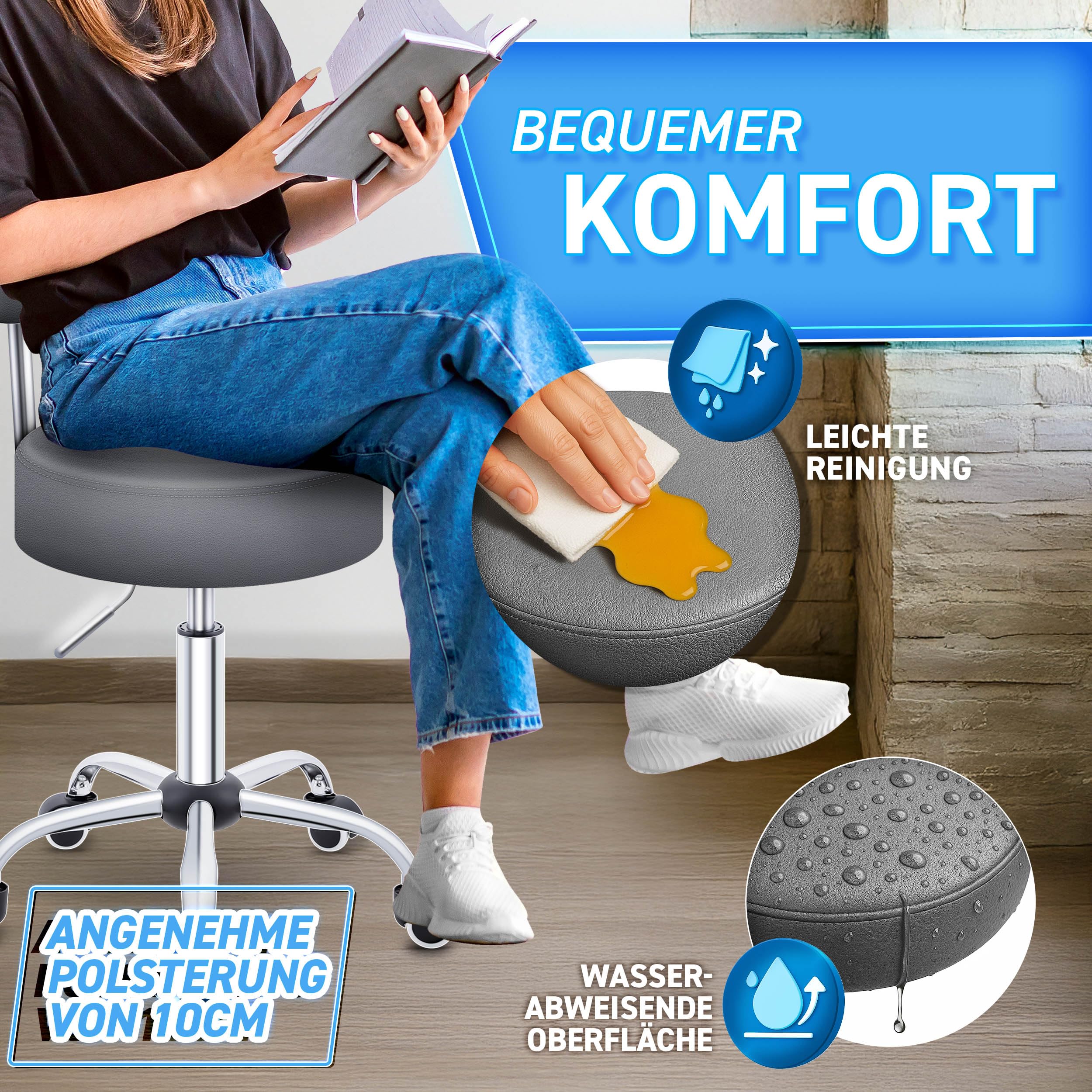TRESKO® Rollhocker mit Lehne Grau | Arbeitshocker höhenverstellbar 46-58 cm | Drehhocker mit Rollen | Bürostuhl Hocker Drehstuhl Kosmetikhocker