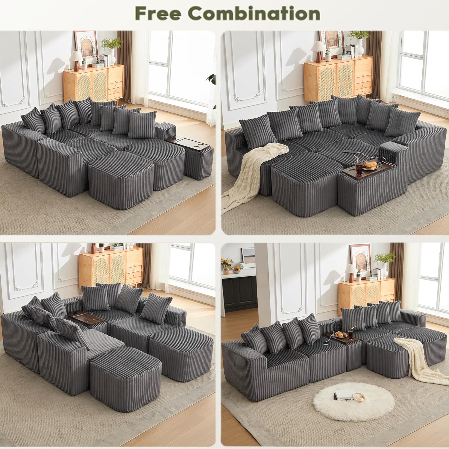 Oversized Cloud Modular Sectional Sofa Boneless Couch with Movable Ottomans,Free Combination Memory Foam Floor Couch with Charging Port & Cup Holders for Living Room | Coffee Table Board, Wireless Charge, No Assembly