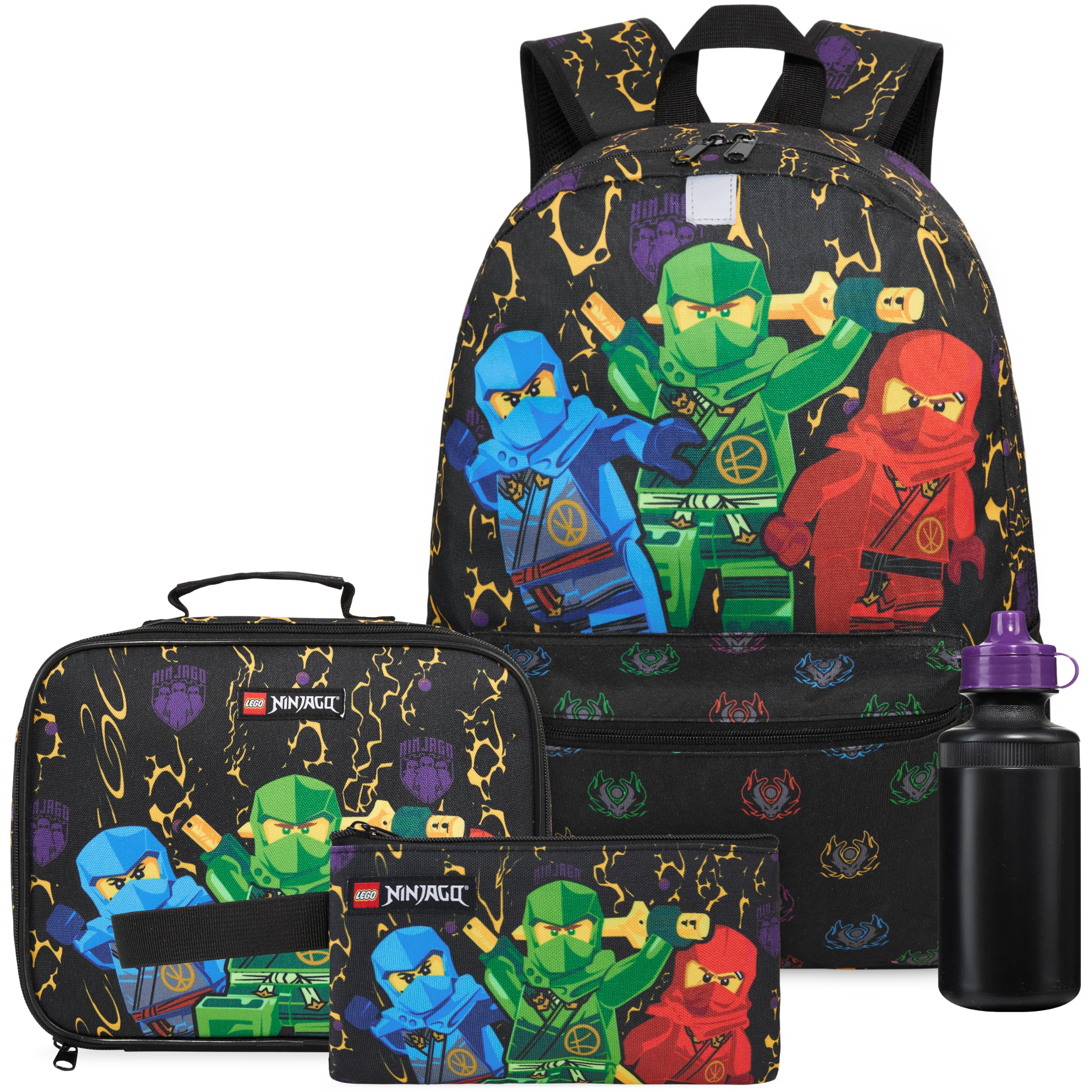 Get Trend Lego Ninjago Sac a Dos Garcon Set, 4 Pcs Grand Cartable Enfant 46cm, Trousse Scolaire, Sac Isotherme Repas et Gourde sans BPA (Multi Lego)