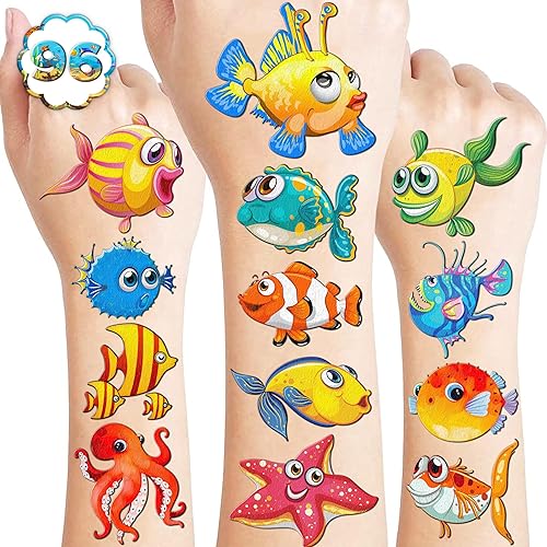 96 piezas de tatuajes temporales de peces tropicales con temática oceánica para decoración de fiesta de cumpleaños, suministros de decoración,