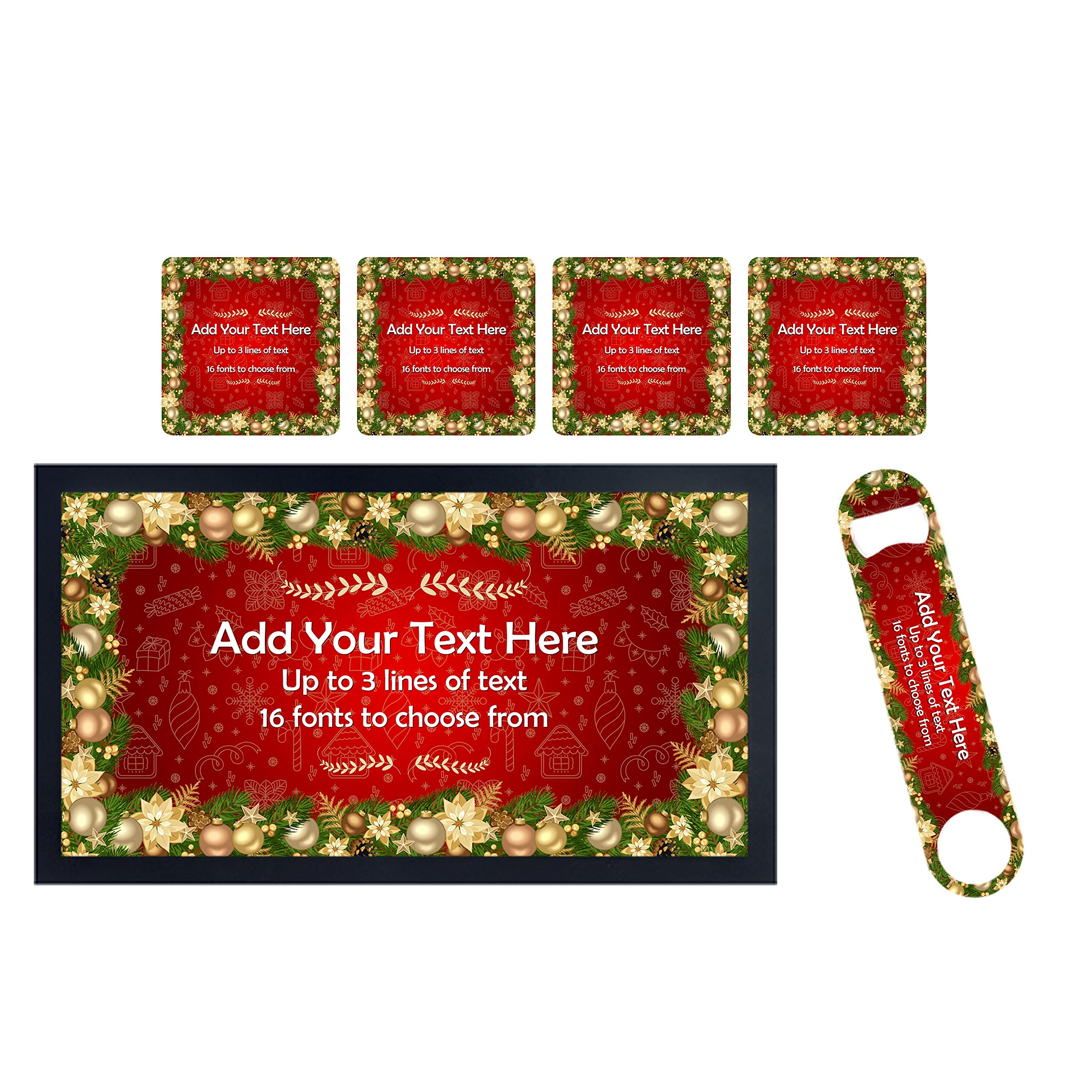 ShopQuality4U Personalise Christmas Bar Runner Mat, optional: Matching Bottle Opener, Drinks Coasters, Gift Set | Beer Gifts Home Bar Accessories for Pub Bars Man Cave Him Her Gin Oclock