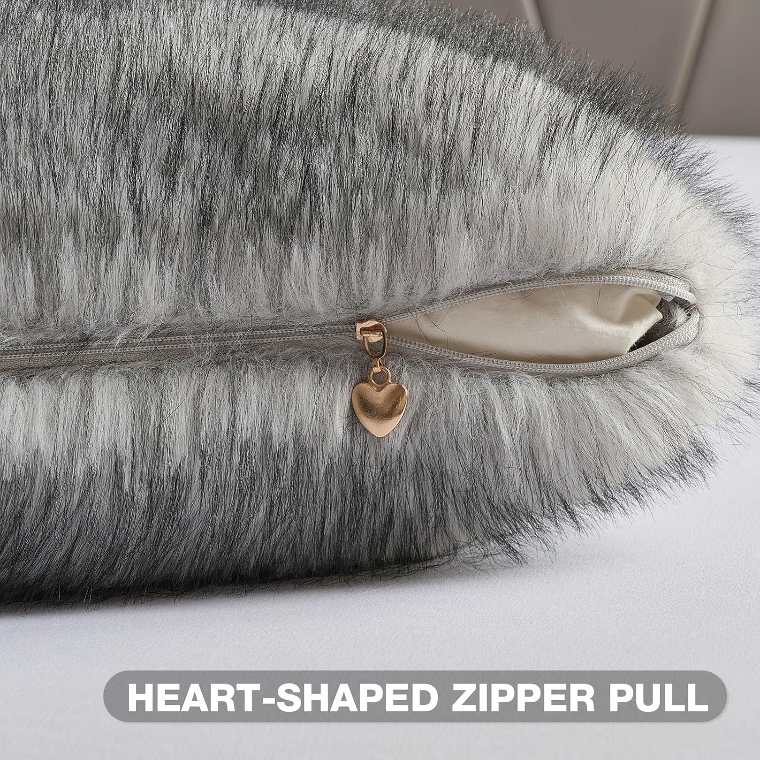 FUTEI Beige Gray Decorative Throw Pillow Covers 18x18 Inch Set of 2,Soft Faux Raccoon Fur Textured Cushion Case,Modern Home Luxurious Decor for Couch Bed Living Room - Image 3