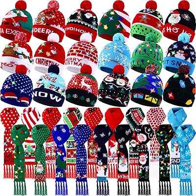 Twistover Christmas LED Scarf and Beanie Set Including Light up Hat Colorful LED Xmas Hats Holiday Scarf for Adults Kids