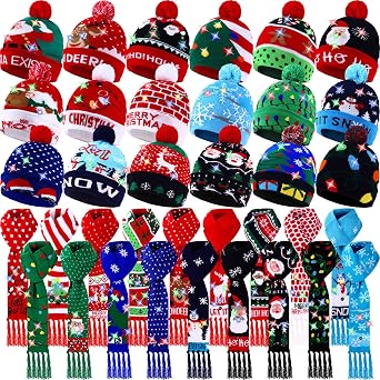 Twistover Christmas LED Scarf and Beanie Set Including Light up Hat Colorful LED Xmas Hats Holiday Scarf for Adults Kids