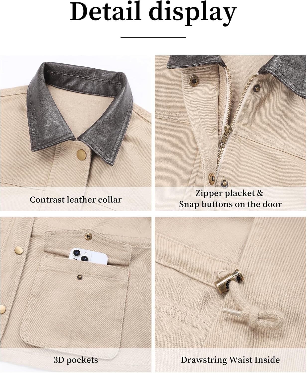 Barn Jackets for Women Contrast Collar Utility Jacket Zip Up Drawstring Waist Barn Coats 2025 with Pocket - Image 7
