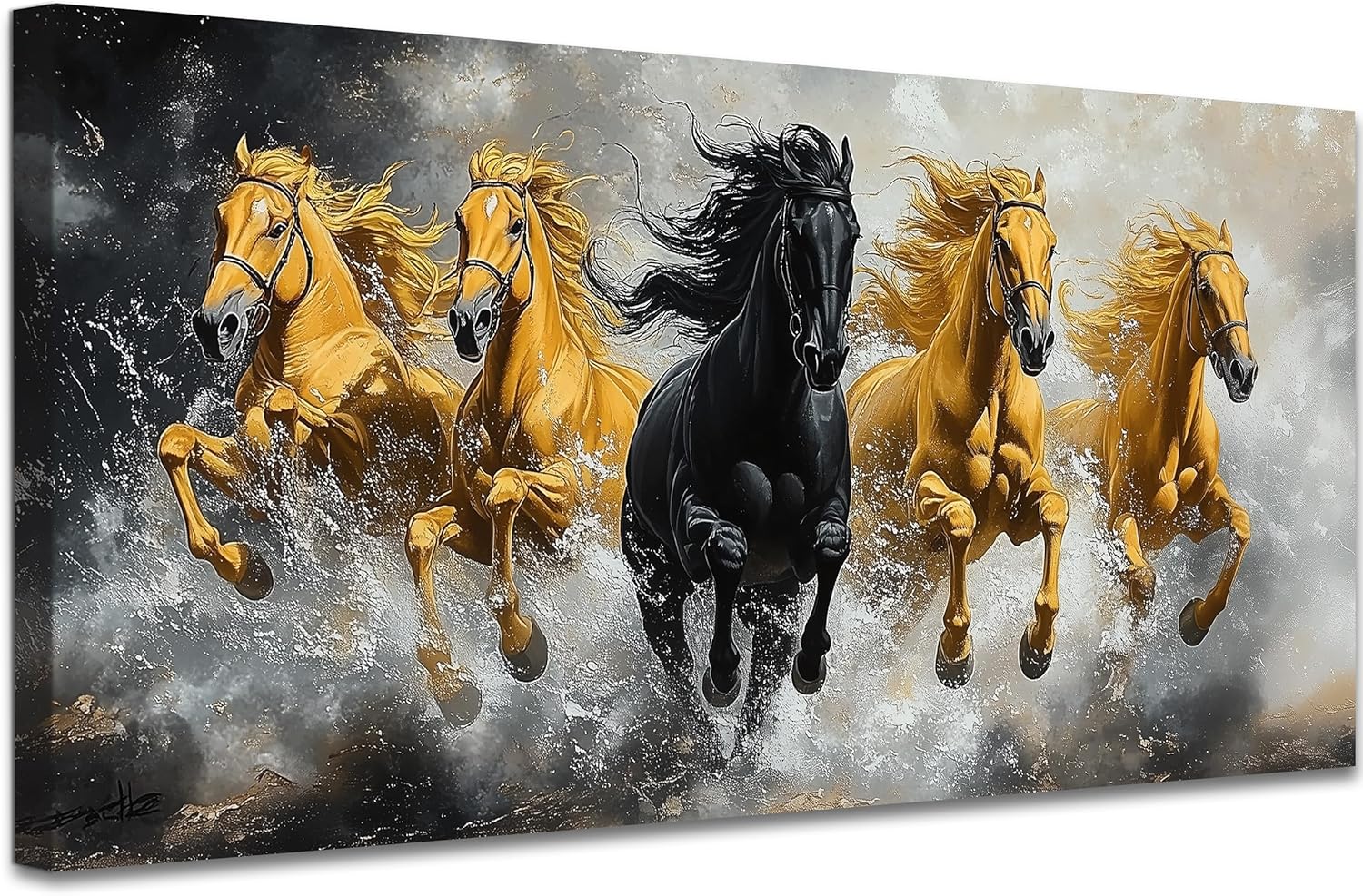 GUTTATY 5 Horses Running Painting Vastu with Frame Large