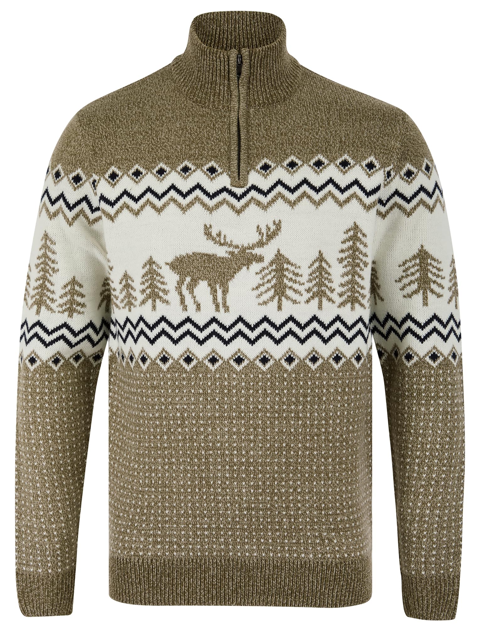 Tokyo Laundry Merry Christmas Men's Nordic Fair Isle Jacquard Knit Jumper with Quarter Zip Funnel Neck
