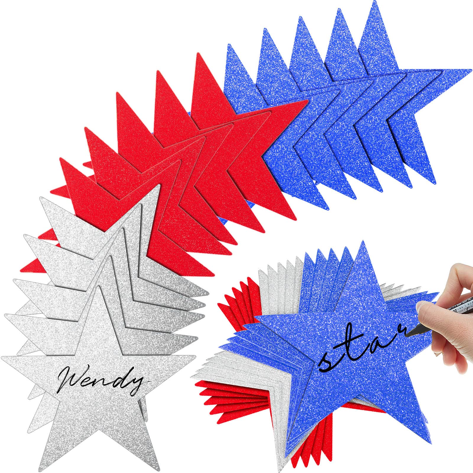 Gejoy 80 Pieces Glitter Stars Cutouts Stars Decoration Double Printed Paper Star for Movie Night Bulletin Board Decoration Classroom Wall Graduation Party Decorations 6 Inches, Red, Blue, Silver