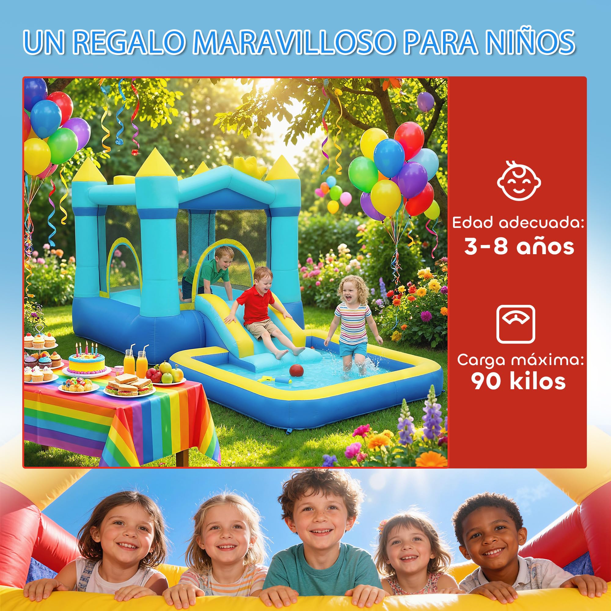 AIYAPLAY Castillo Hinchable para Niños con Soplador, Castillo Hinchable con Tobogán, Cama Elástica, Piscina y Aro de Baloncesto, para Niños 3-8 Años, Interior y Exterior, 364x173x182 cm, Azul