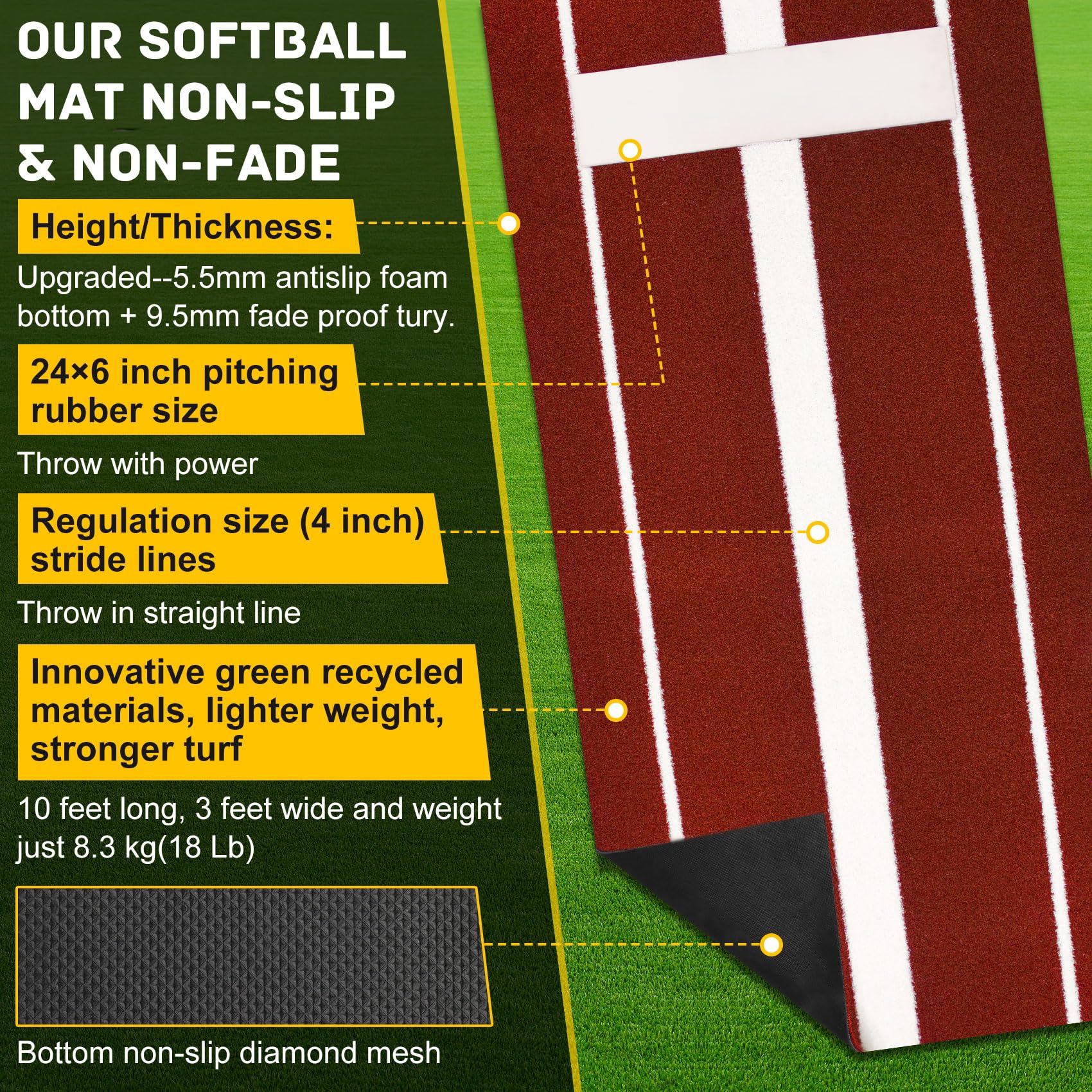 Tapis De Lancement Softball Honeypet 2' X 3' - Antidérapant - Vert - Neuf