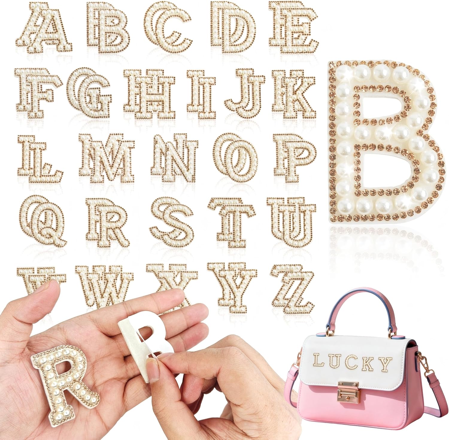 52Pcs Pearl Letter Patches, Self Adhesive Pearl Rhinestone Letter Patches A-Z for Clothes, Dress, Hat, Socks,Backpacks，Jeans, DIY Accessories