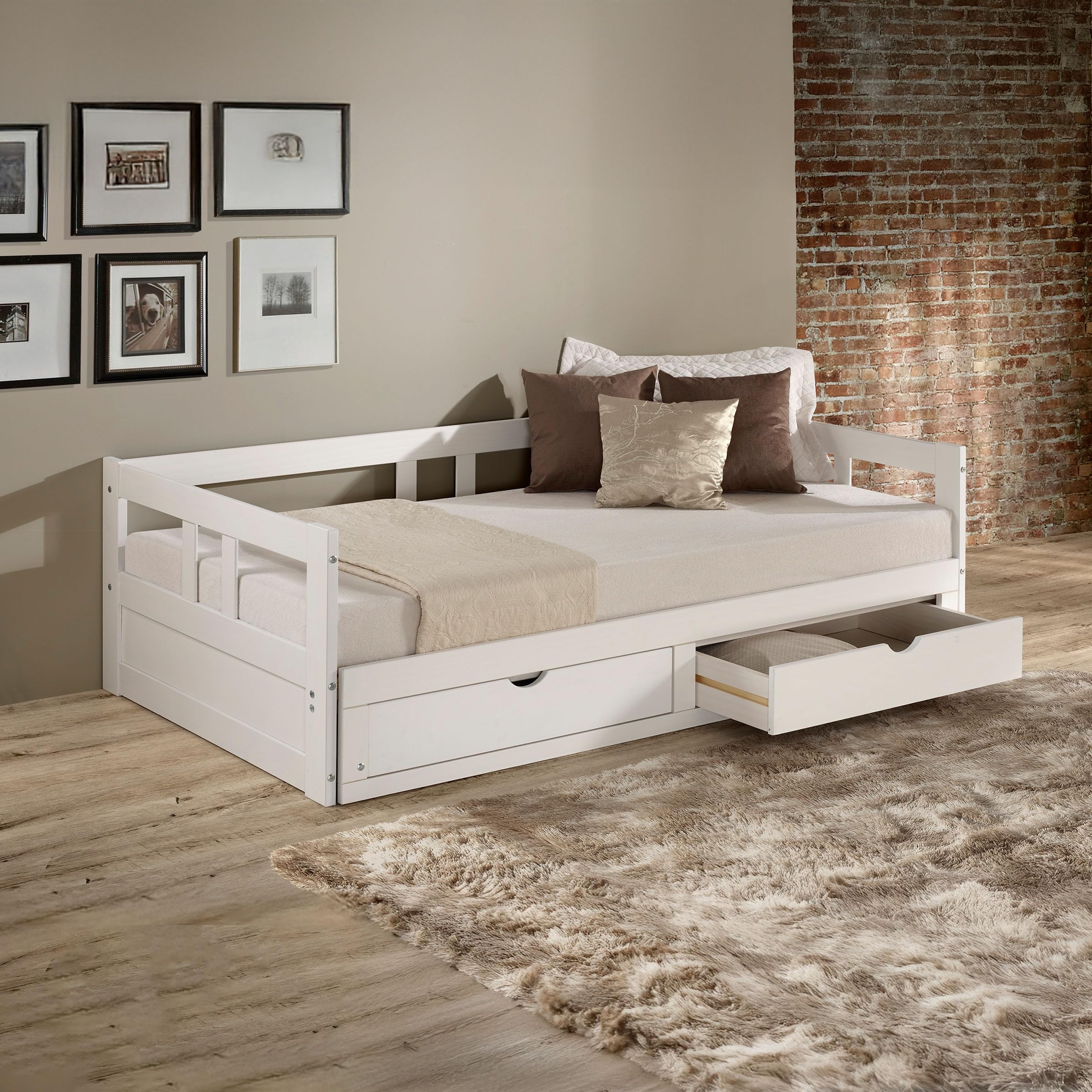 Alaterre FurnitureMelody Extendable Pine Trundle Bed Daybed w/Underbed Storage, White, Twin to King Daybed, Childrens/Youth/Kids/Baby Bedroom Set, Headboard & Room Decor