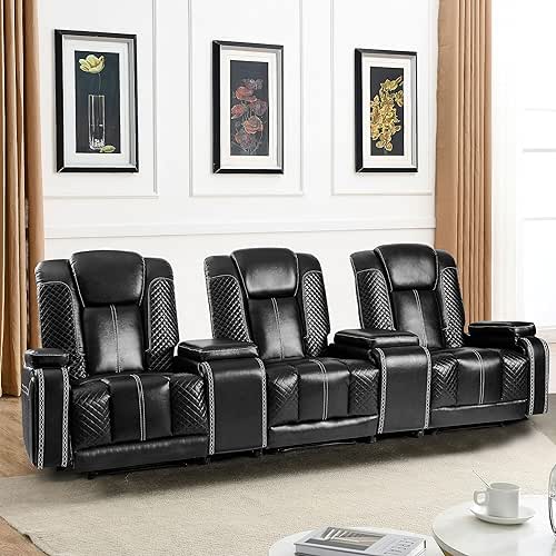 Recliner Chair Set of 3 Theater Seating Breathable Leather Sofa,