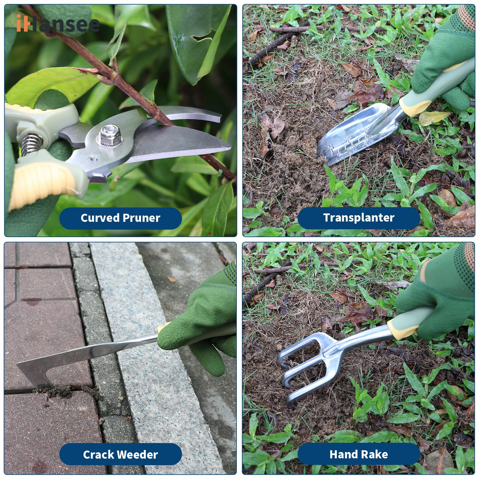 Set di 12 attrezzi da giardino, in alluminio resistente, con manico in gomma antiscivolo, grembiule da giardino, guanti, ginocchiera e borsa portaoggetti, attrezzi da giardino per