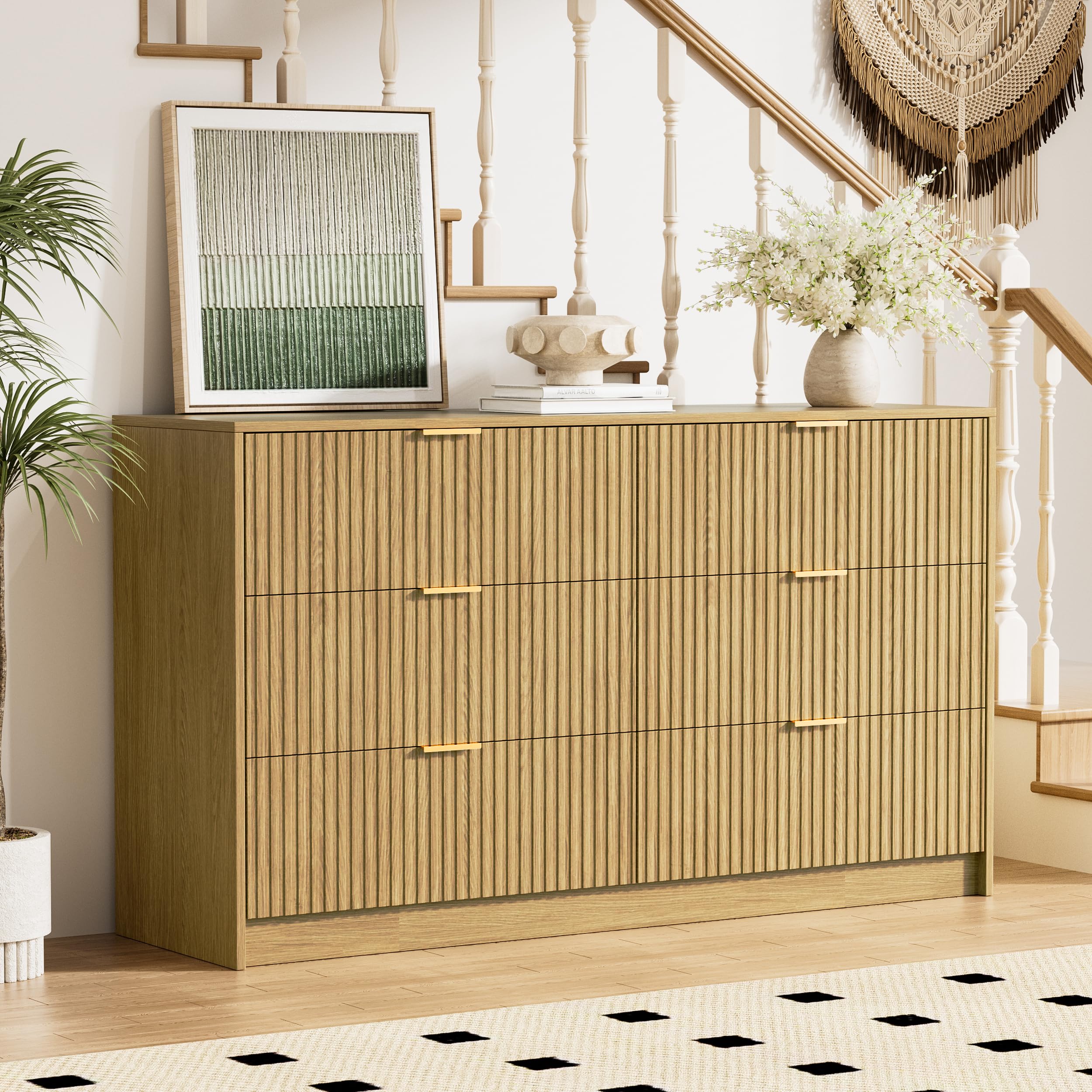 Furniway 55.1" Wide Fluted Dresser for Bedroom with 6 Drawers, Natural Oak