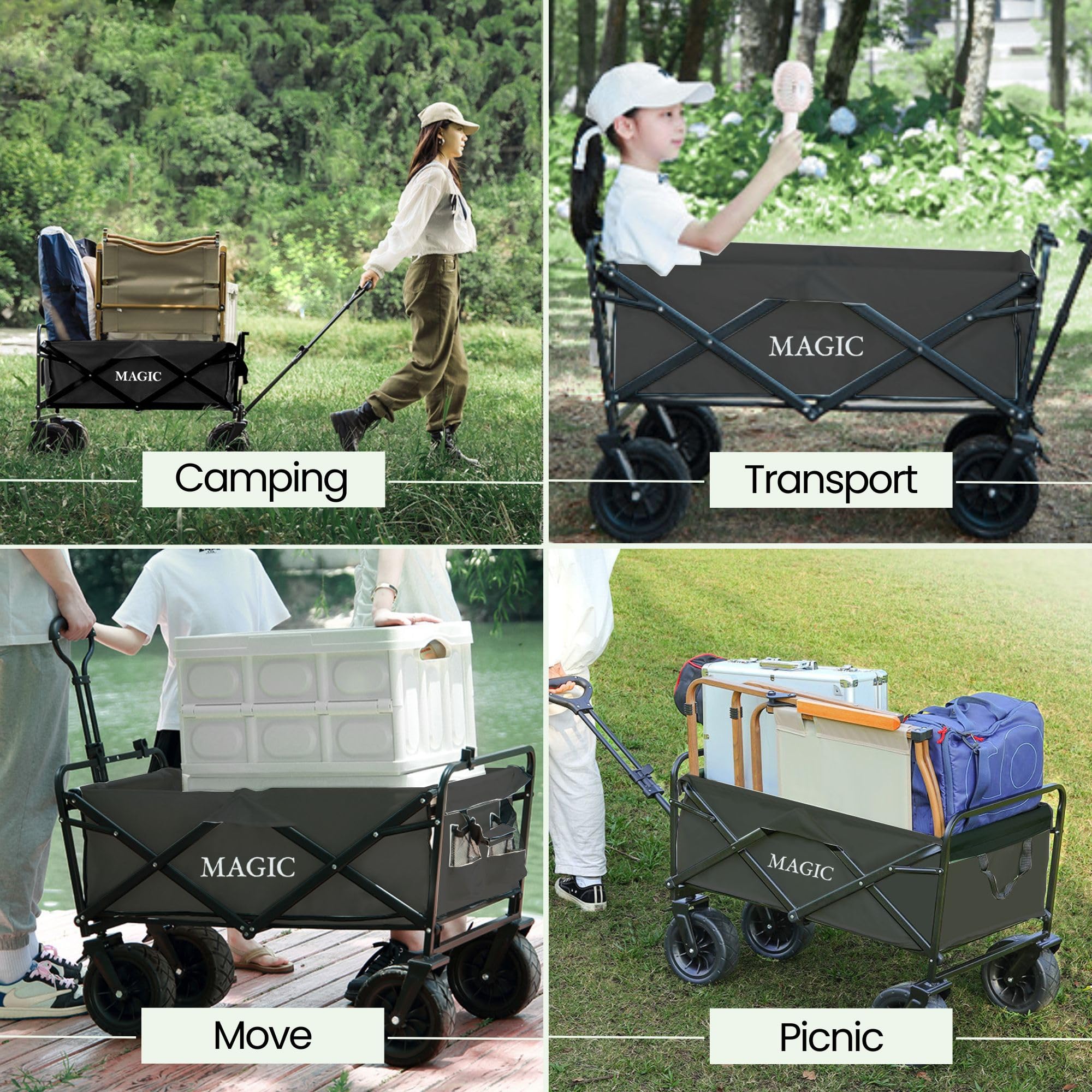 Carro de Playa Plegable para Camping, Picnic, etc. Carrito de Mano para Jardín. Carreta de Transporte con Bolsa y Mango Ajustable. Carretilla con Ruedas Grandes con Freno Resistentes.