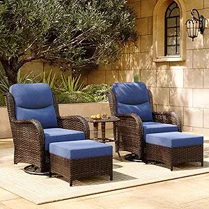 HILLGA Luxury Patio Furniture Set with 6-inch Thick Cushion, Outdoor High Back Swivel Rocker Patio Chairs, 5PCS Wicker Conversation Set for Deck Yard and Poolside, Blue (V2)