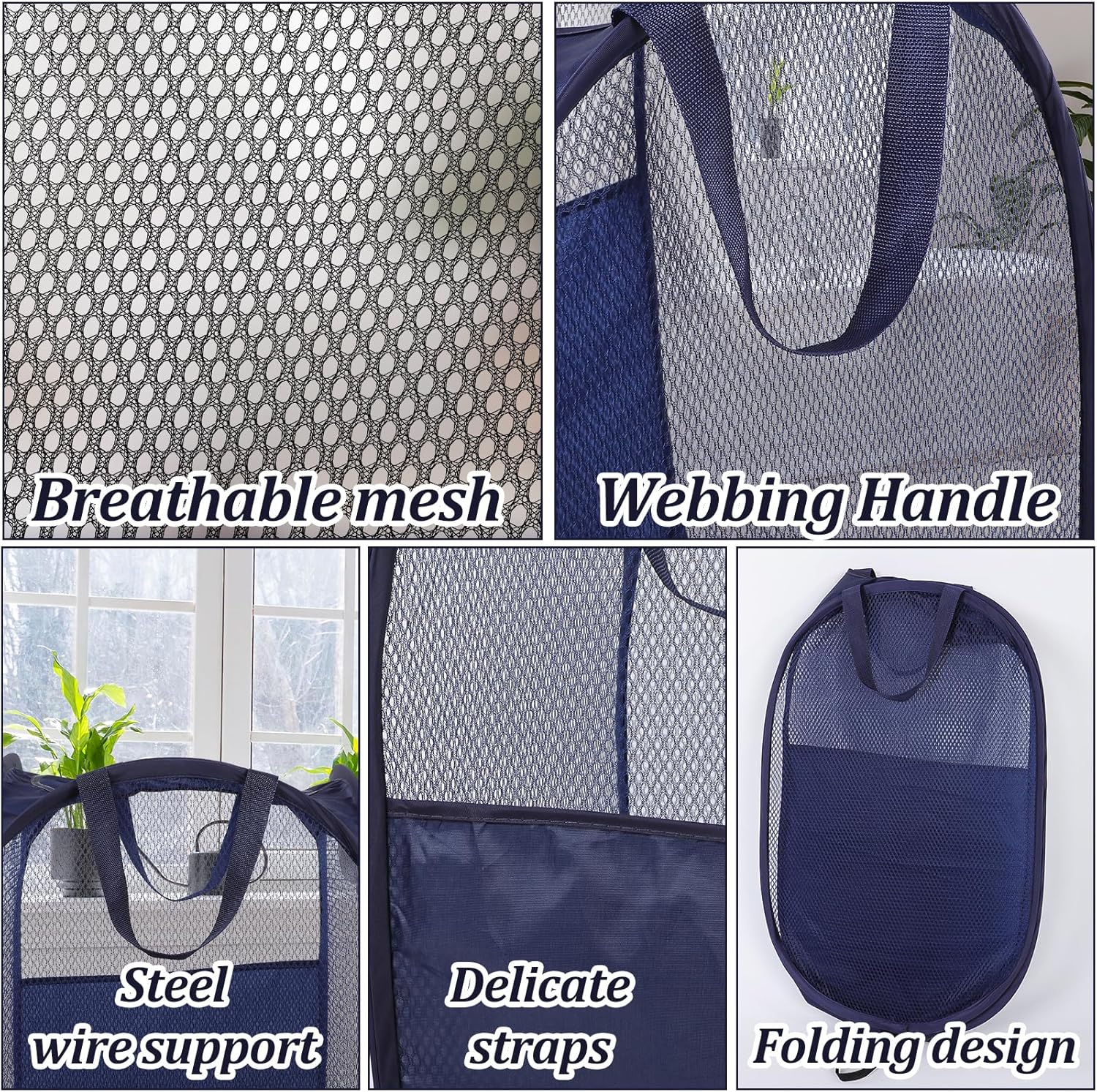 6Pcs Pop up Hampers for Laundry Foldable Mesh Laundry Hamper Baskets with Sturdy Handles Pop up Hamper Dirty Clothes Baskets for Bedroom College Dorm Travel Storage (Black/White/Blue)