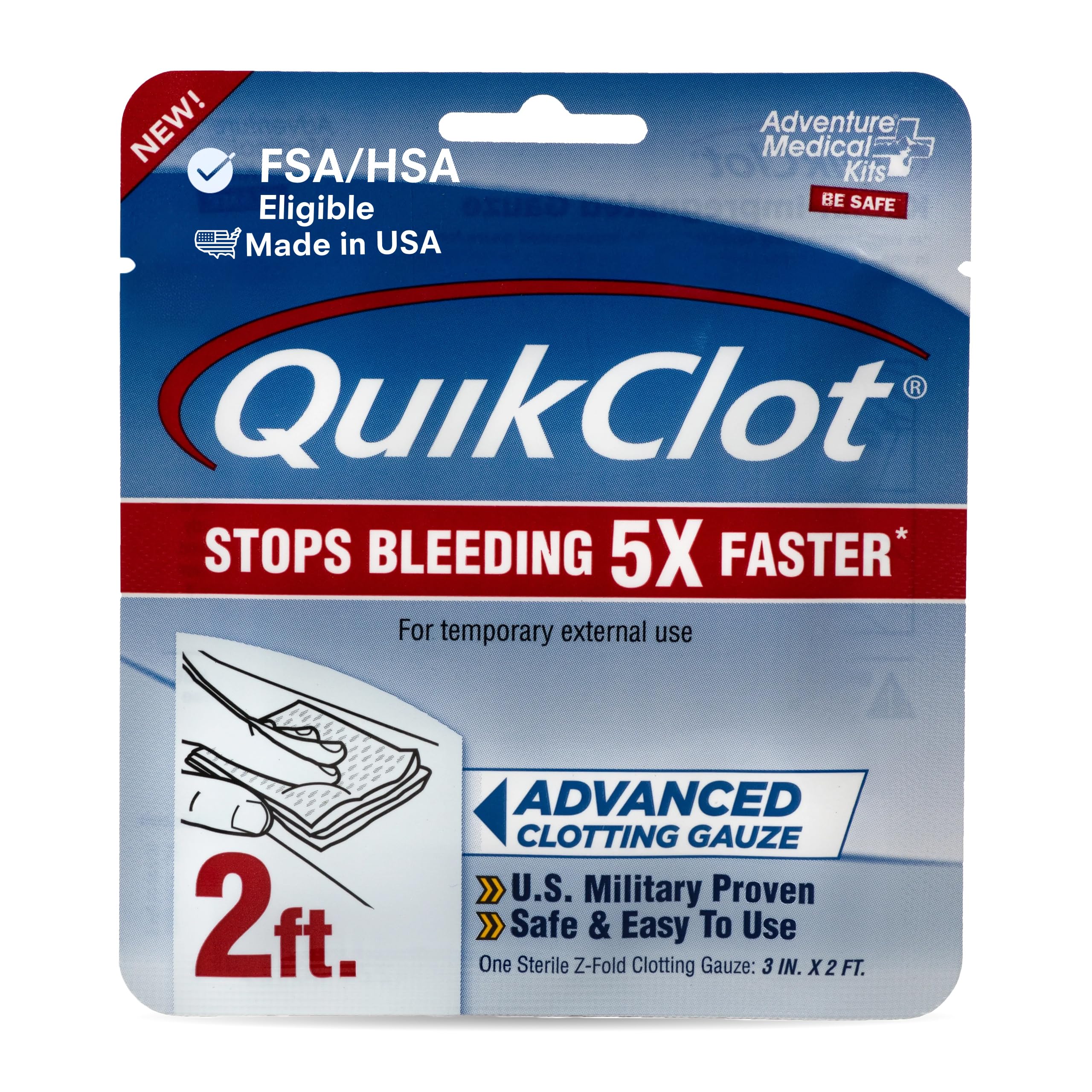 Adventure Medical Kits QuikClot Gauze - Gauze for Emergency Survival Kit, Doomsday Prepping Supplies & More - Stops Bleeding Fast with Kaolin - Flexible Hemostatic Medical Gauze - 3" x 24"