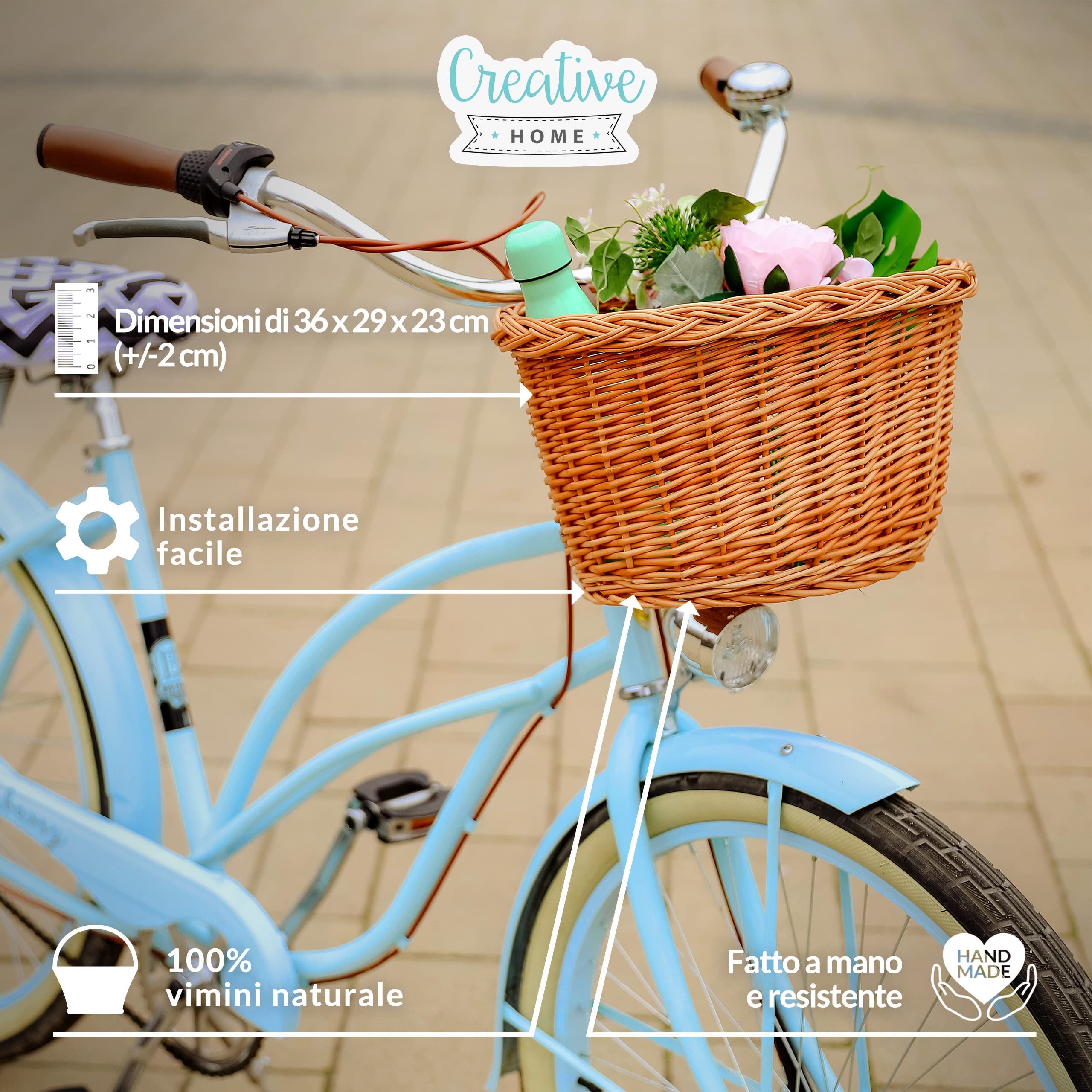Creative Home Cestino da Bicicletta in Vimini | Salice Naturale 36 x 29 x 23cm (+/-2cm) | Cestino Portaoggetti Intrecciato a Mano | Cestino Anteriore Facile da Montare con Cinghie | Cestino per Spesa