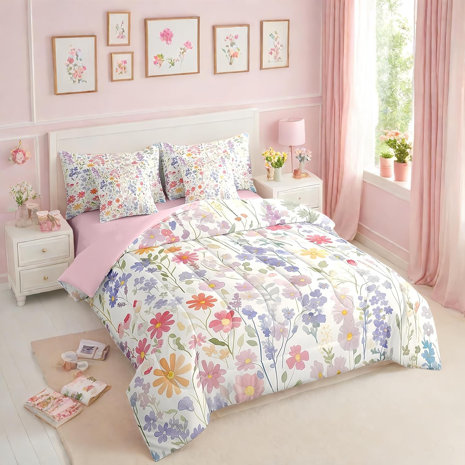 Erosebridal 7 Piece Colorful Floral Full Comforter Set with Sheets,Purple Pink Cute Boho Flower Bedding Set for Kids Girls Women,Funky Watercolor Wildflower Bed in a Bag with Pillowcases & Shams