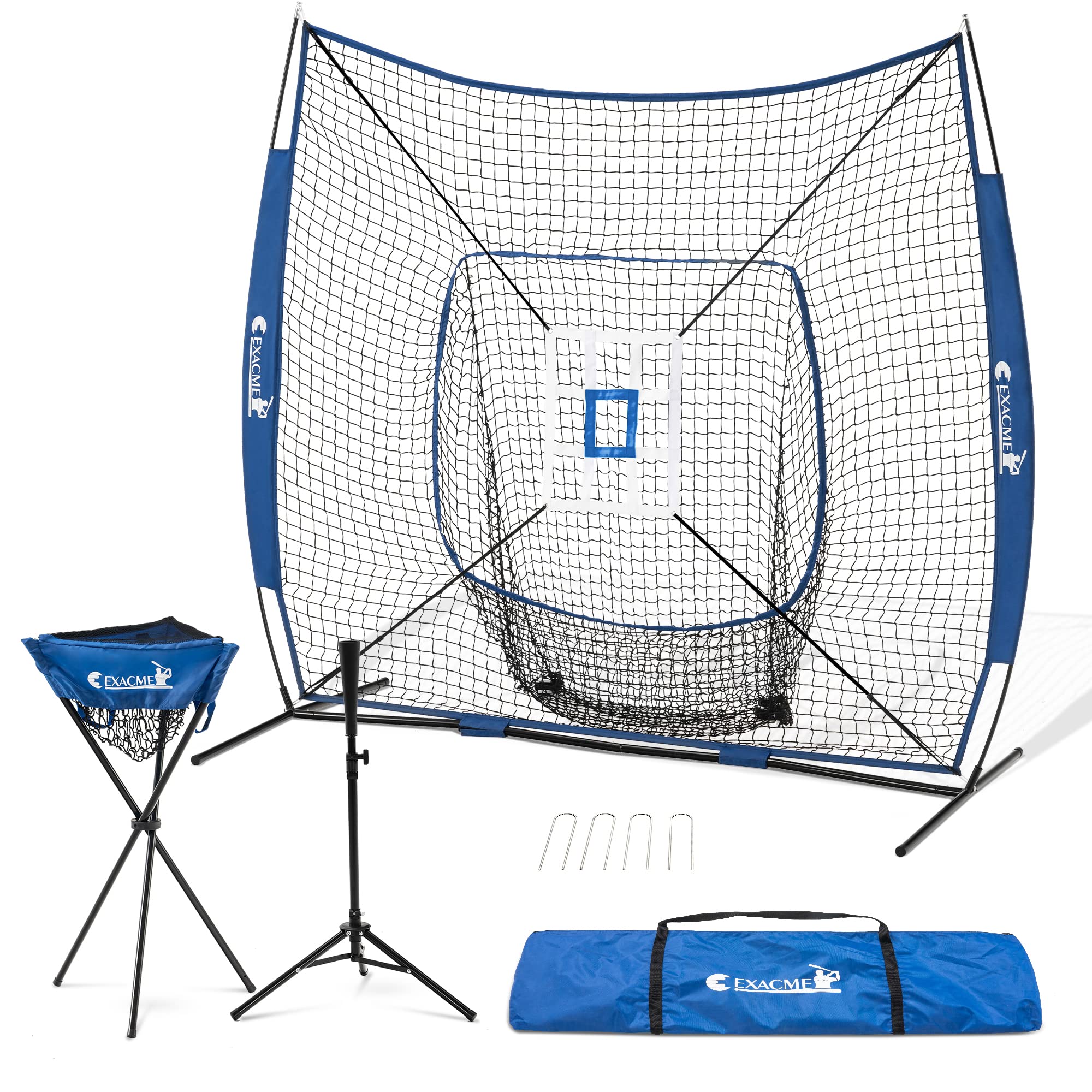 ExacMe 7×7 Baseball Softball Hitting Pitching Net with Tee, Strike Zone, Caddy, Anchor and Carry Bag, Baseball Softball Practice Nets for Batting Training, Outdoor Backyard Garage Use