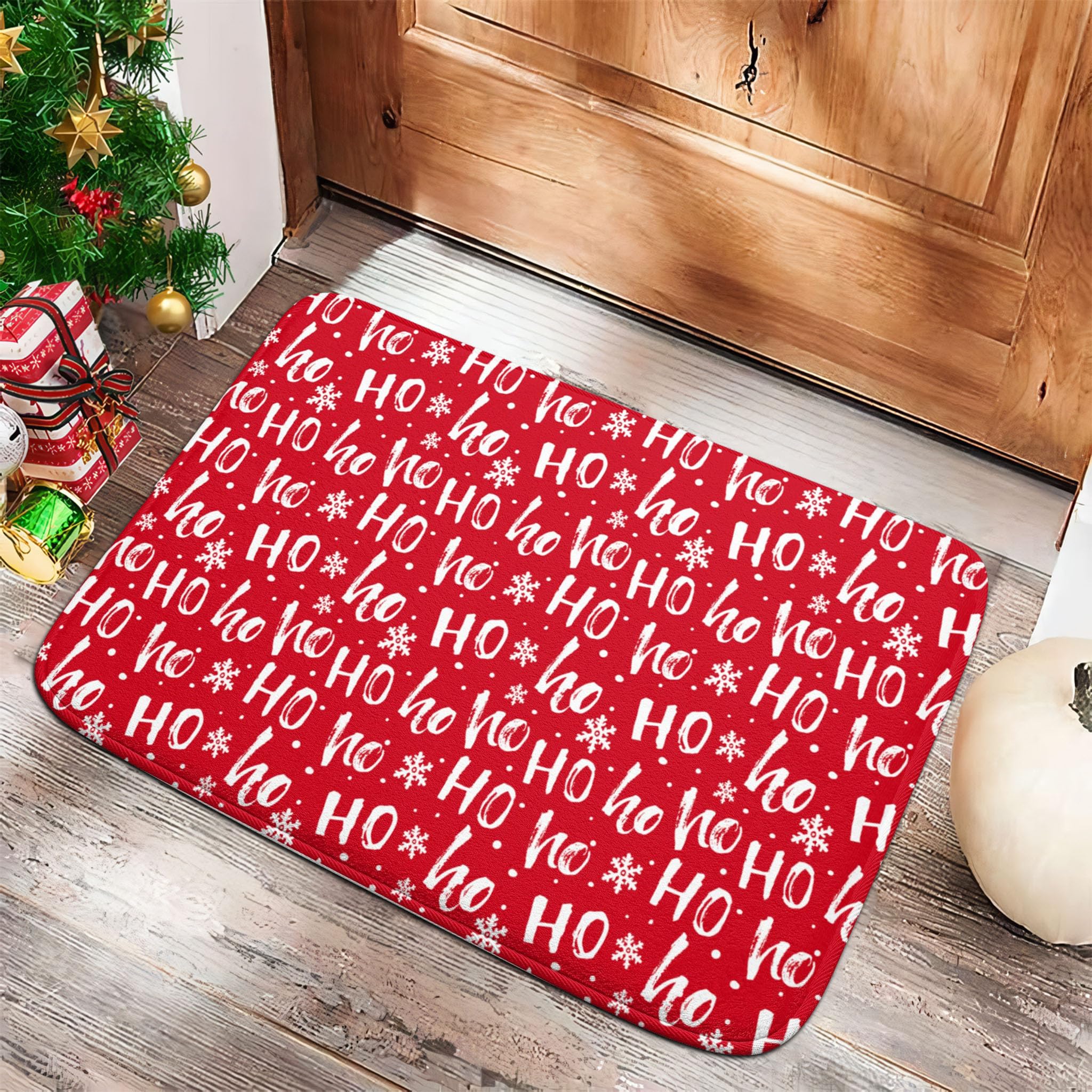 Photo 1 of Christmas Snowflakes Ho Red Bath Mat Non-Slip Rugs Flannel Bathroom Mats Water Absorbent Bathtub Rug Quick Dry Soft Shower Rug for Floor Kitchen Bedroom Decor 20x31 inch Christmas 2 21x30in