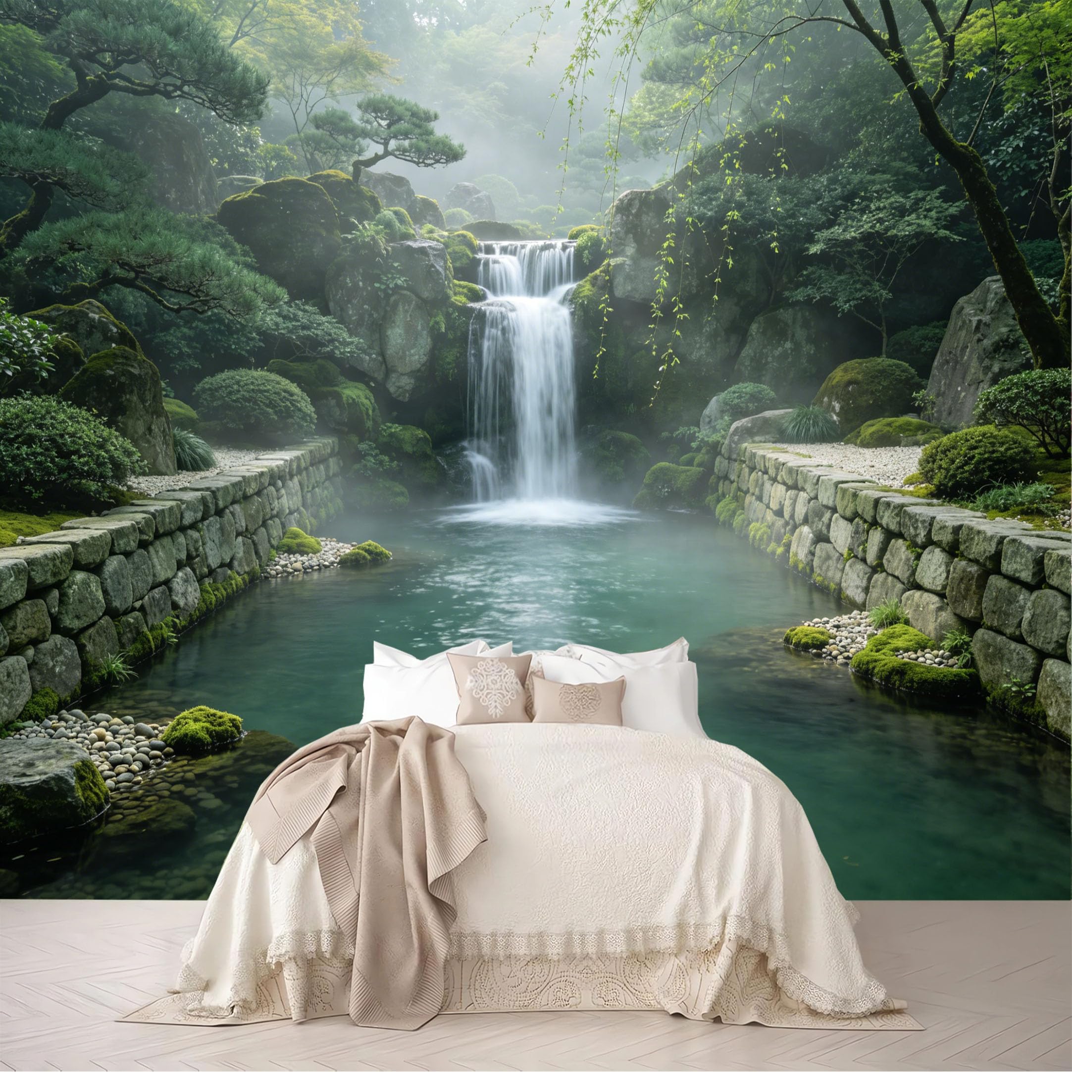 Custom Size Wall Mural Misty Zen Garden Waterfall Pine Pond Scenery Removable Self Adhesive Peel and Stick Wallpaper for Bedroom Living Room Dining Room