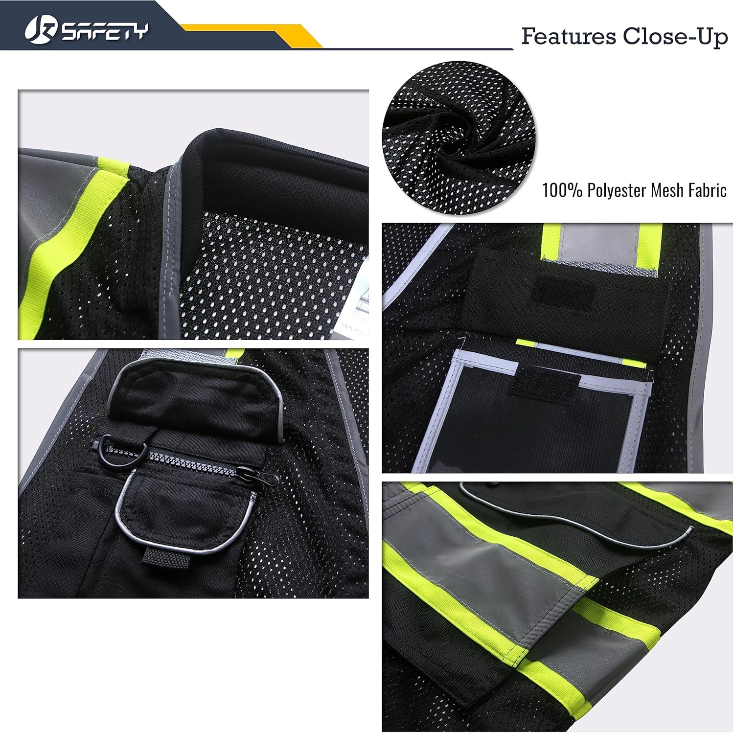 JKSafety 9 Pockets Hi-Vis Black Safety Vest for Men Women High Visibility Reflective Construction Mesh Fabric Cushioned Collar Work Utility PPE Work Gear ANSI/ISEA compliant (101-Black XL) - Image 4