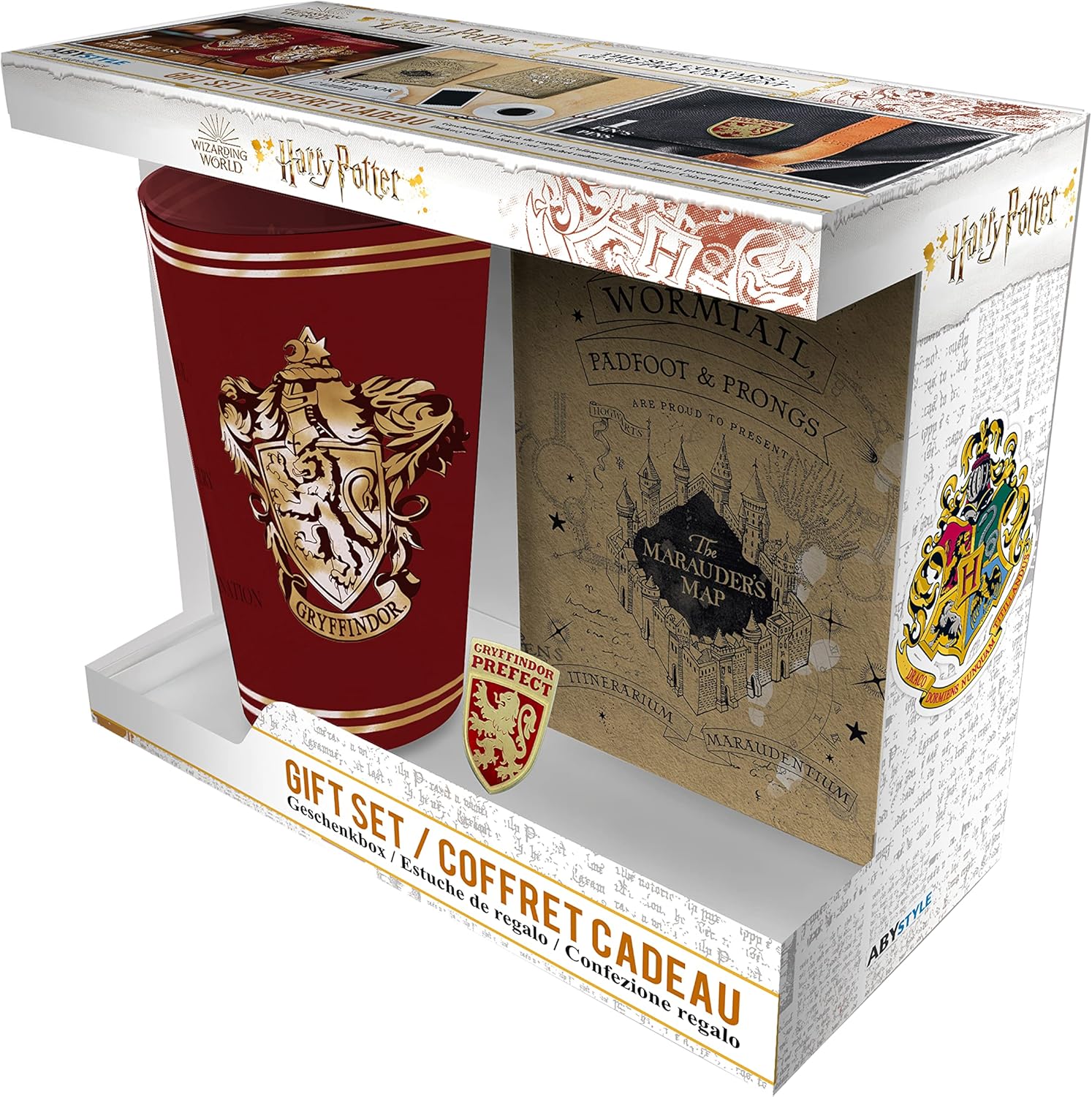 ABYstyle The Wizarding World of Harry Potter Gryffindor Gift Set Includes 1 XXL Glass 400 ml 1 Metal Pin and 1 Notebook Hogwarts Houses Home Office School Accessories Merch Gift