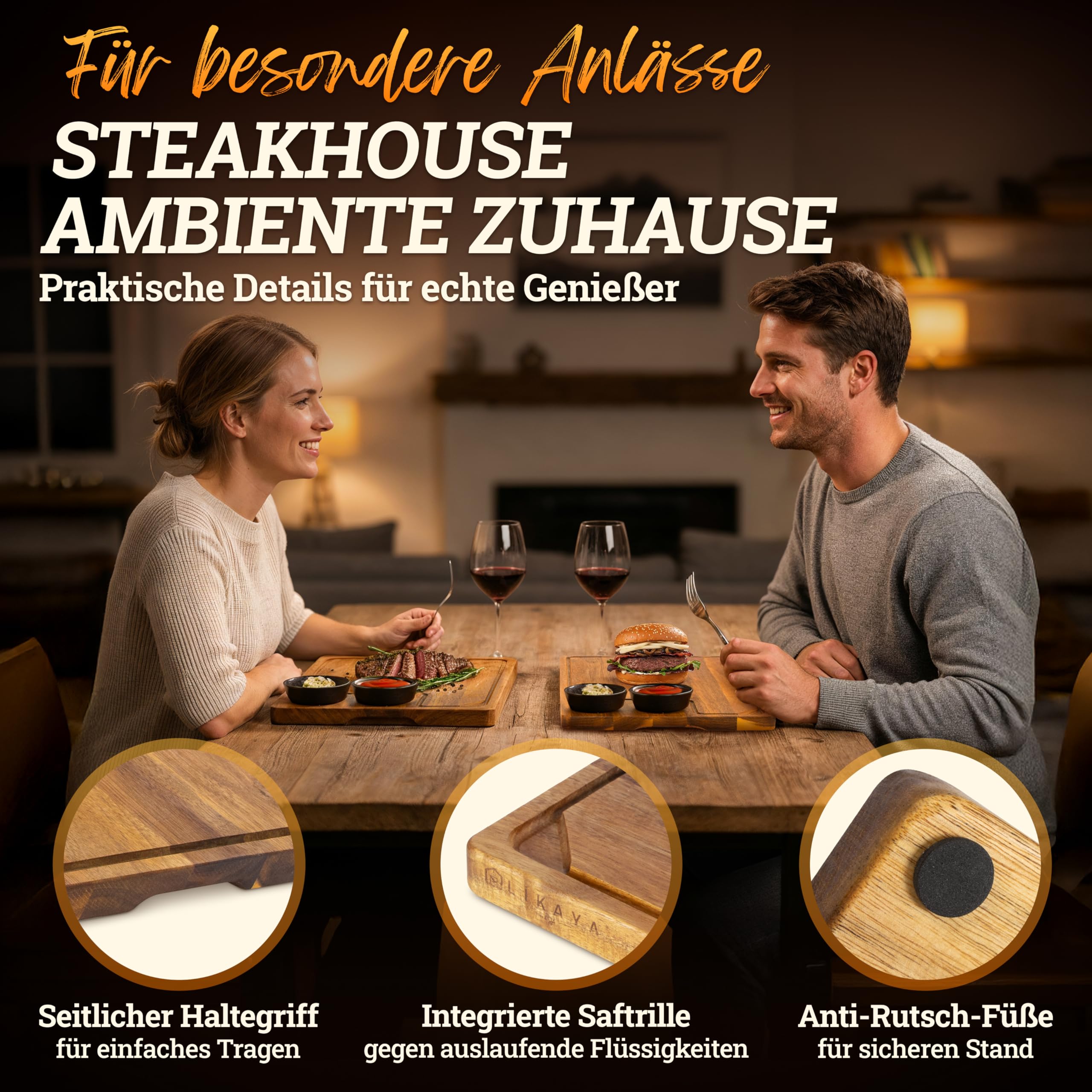 LIKAYA® Servierbrett XXL 2er-Set 'Santiago' – FSC® Akazienholz mit Saucenschüsseln | Perfekt als Grillbrett, Steakbrett & Geschenk für Burger, Steak & Sushi