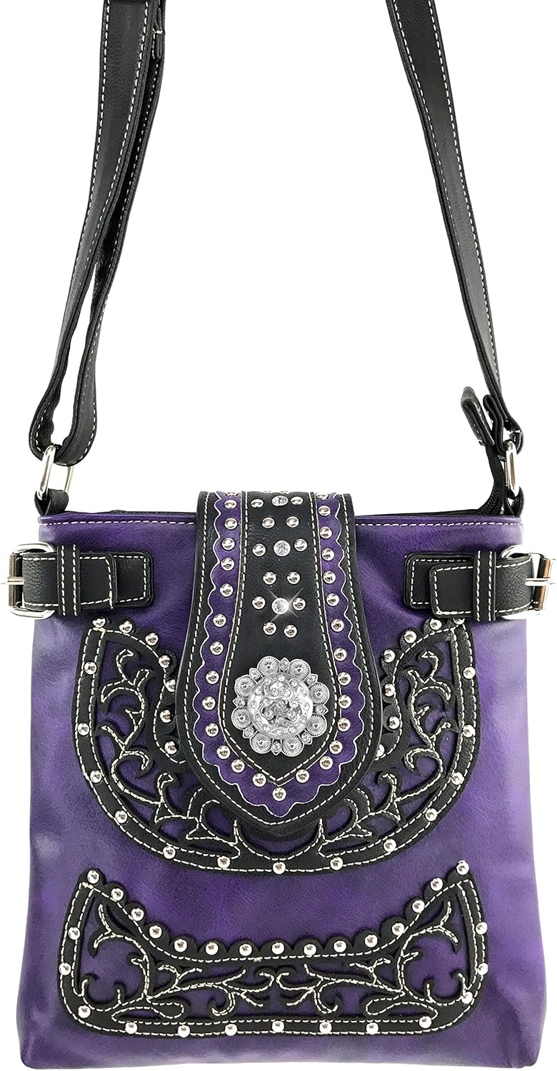Justin West Concealed Carry Floral Embroidery Rhinestone Berry Concho Stud Purse
