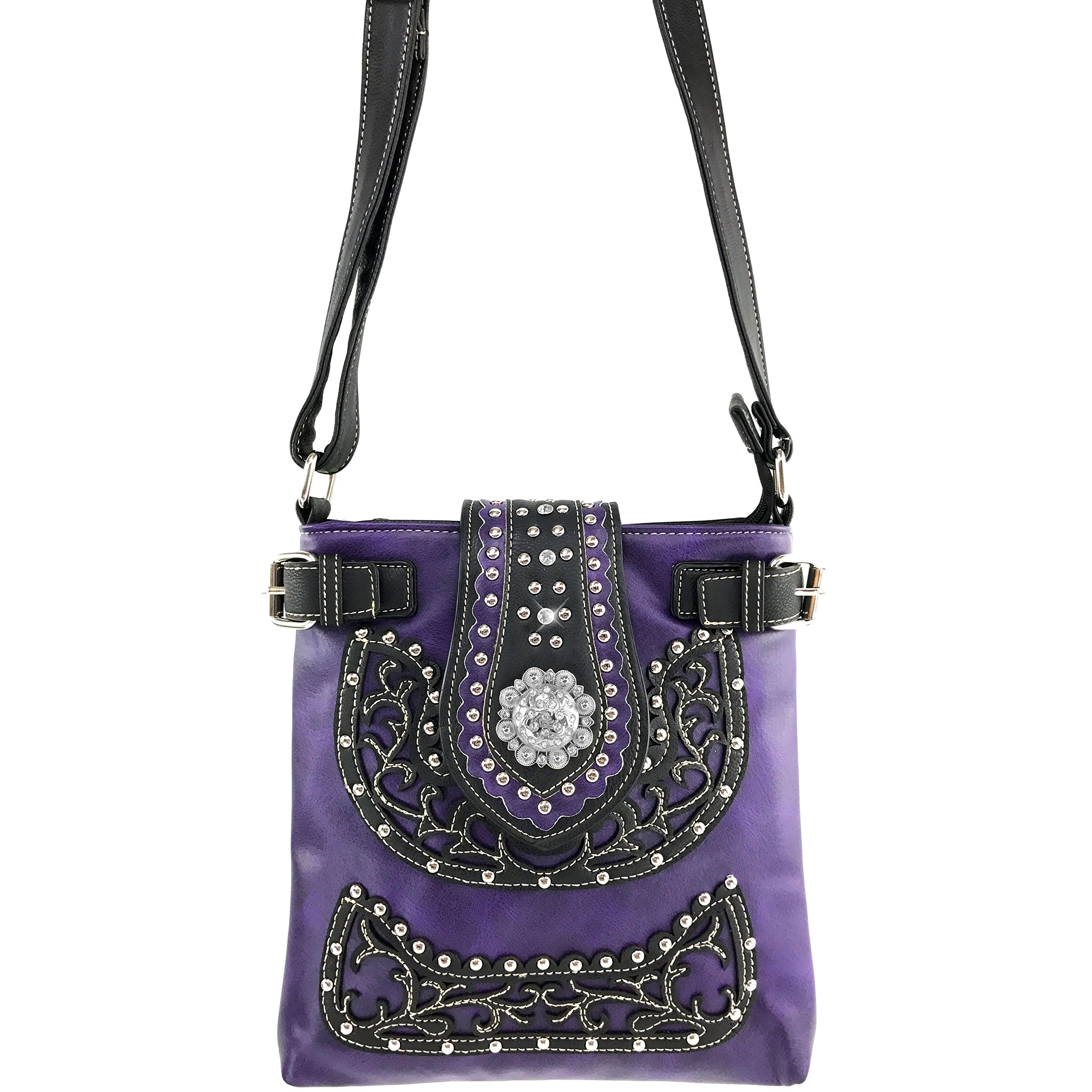 Justin West Concealed Carry Laser Cut Leather Floral Embroidery Rhinestone Berry Concho Studded Shoulder | Tote | Handbag Purse | Messenger Crossbody | Trifold Wallet (Purple Messenger ONLY)