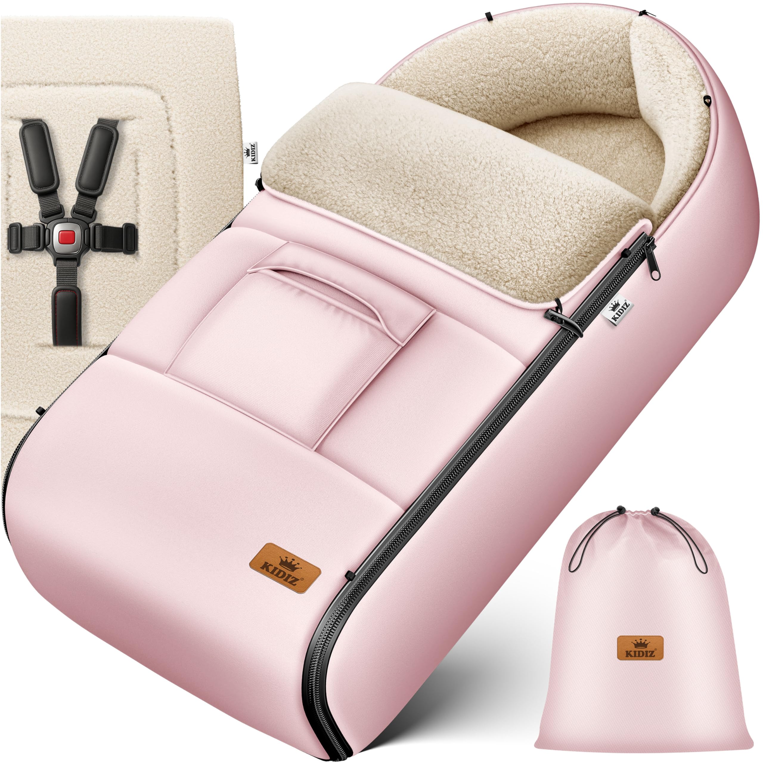 Kidiz® Babyfußsack Winterfußsack Kinderwagen, Universal Fußsack Buggy/Babyschale mit Lammfleece, 3- & 5-Punkt-Gurt, wasserdicht, winddicht, Reißverschluss, Baby Kuschelsack Winter, waschbar, Rosé Gold