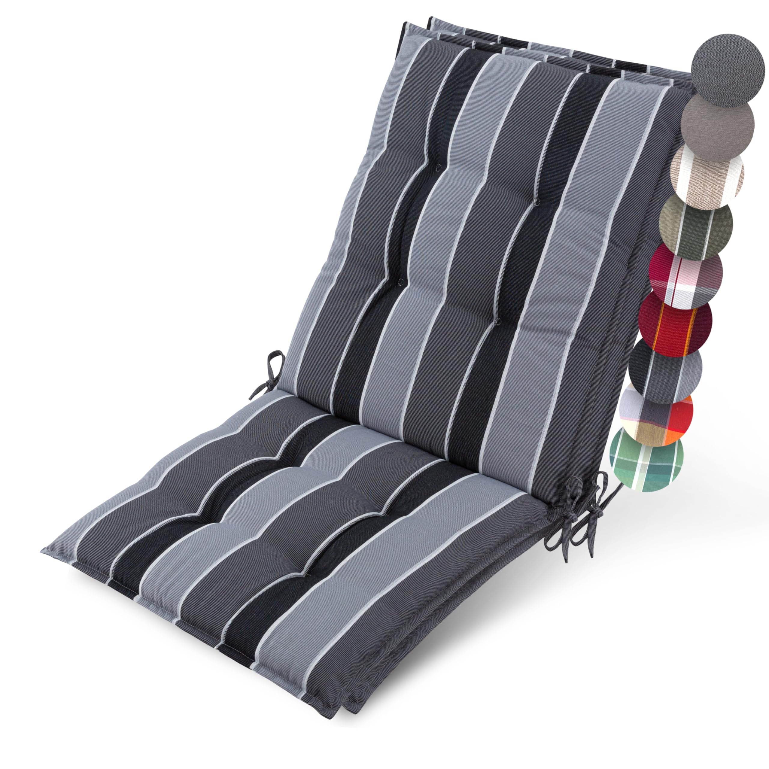 Beautissu Set of 2 Premium Outdoor Chair Cushion Low Back 100x50 cm - UV 8 cm Thick Padding Seat Cushions for Garden Chairs Non-Slip Fastening Straps - Anthracite Striped - Sun-HL