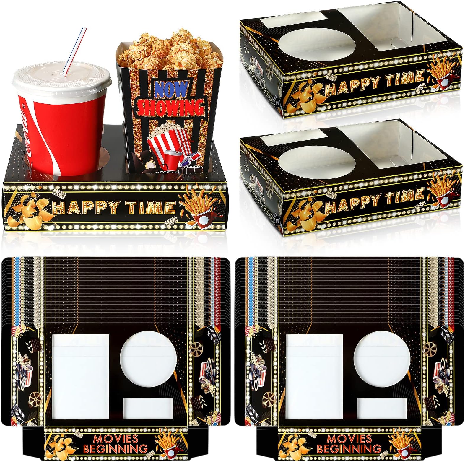 Faccito 36 Pcs Movie Night Snack Trays Movie Theater Snack Boxes Movie Night Supply Disposable Paper Snack Holder Movie Tray for Popcorn Food Candy Drink Party 8 x 6 Inch(Black Gold,Cute Style)