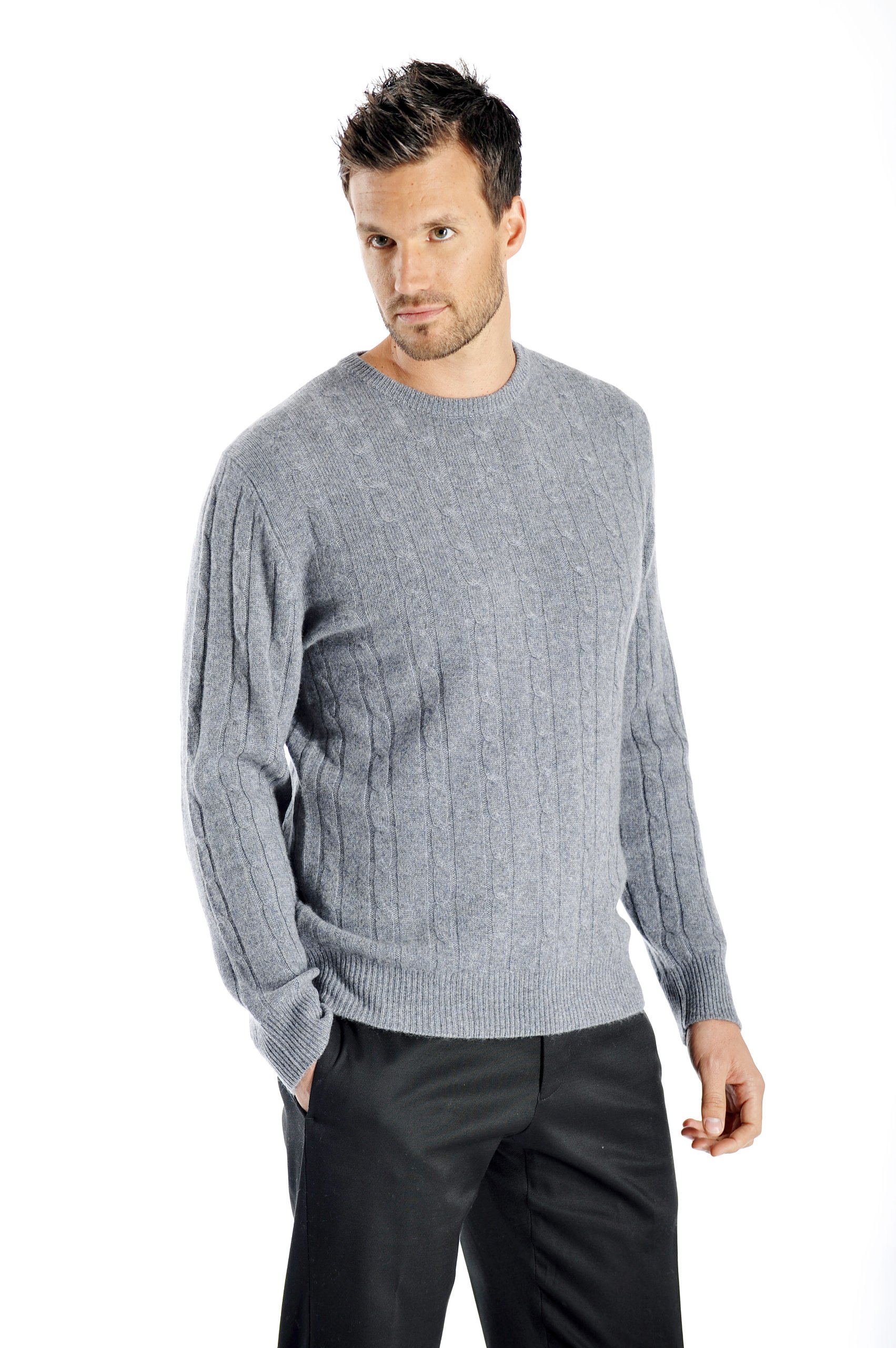Cashmere Boutique Men's 100% Cashmere Cable Crew Neck Pullover