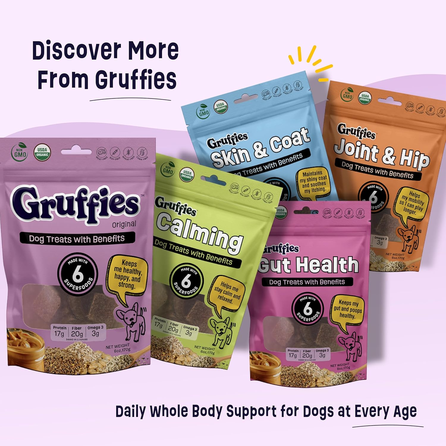 Organic Dog Treat Bundle – 5 Functional Dog Treats (Joint & Hip, Skin & Coat, Superfood, Calming, Gut Health) – Peanut Butter Flavor, Vet Approved, Non-GMO, Made in Canada – 6oz Each