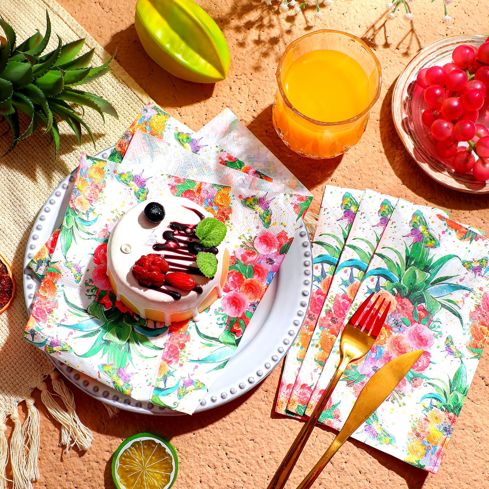 Epakh 200 servilletas de papel desechables de 2 capas con diseño floral de piña, toallas de mano decorativas para baño, boda, fiesta de verano, vacaciones, 7.9 x 4.3 pulgadas